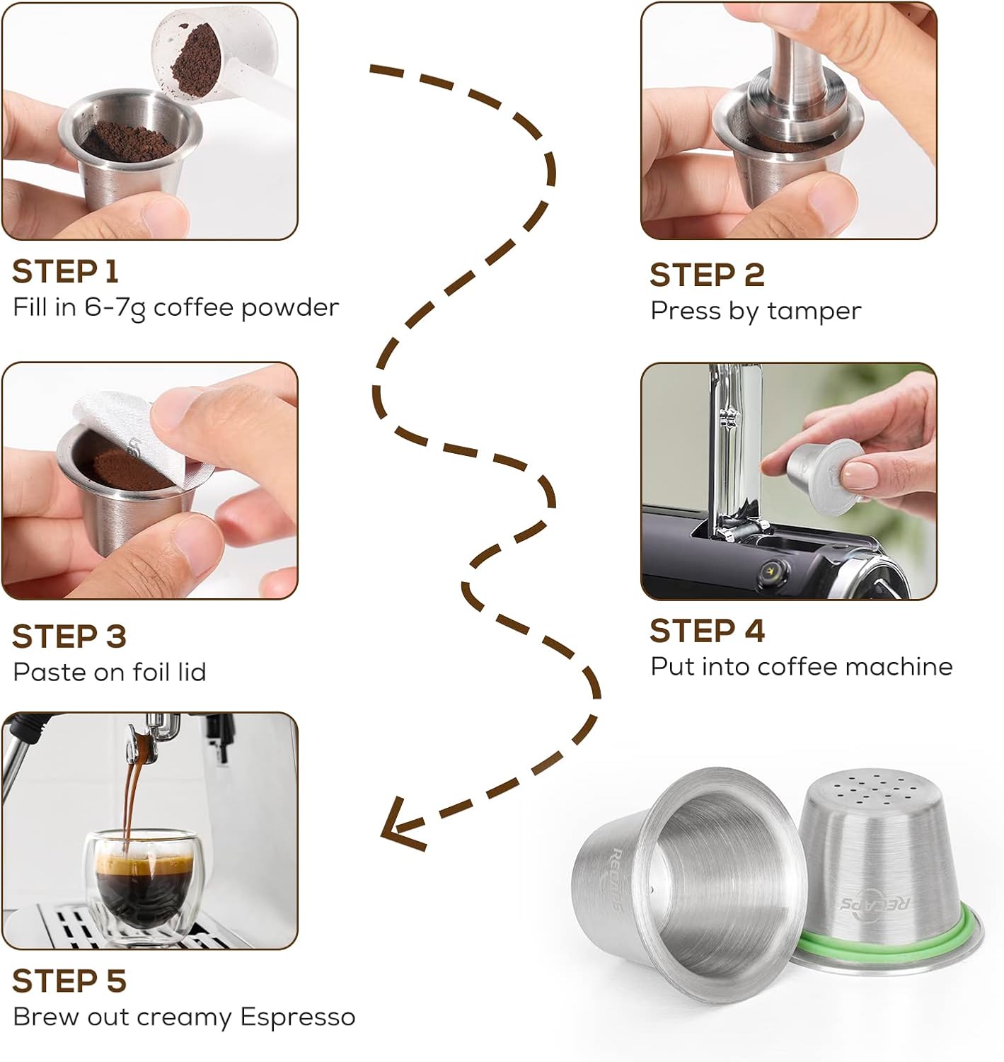 RECAPS Reusable Coffee Filter Capsules Compatible with Nespresso Original | Refillable Coffee Pods Permanent Coffee Filter Stainless Steel 120PCS