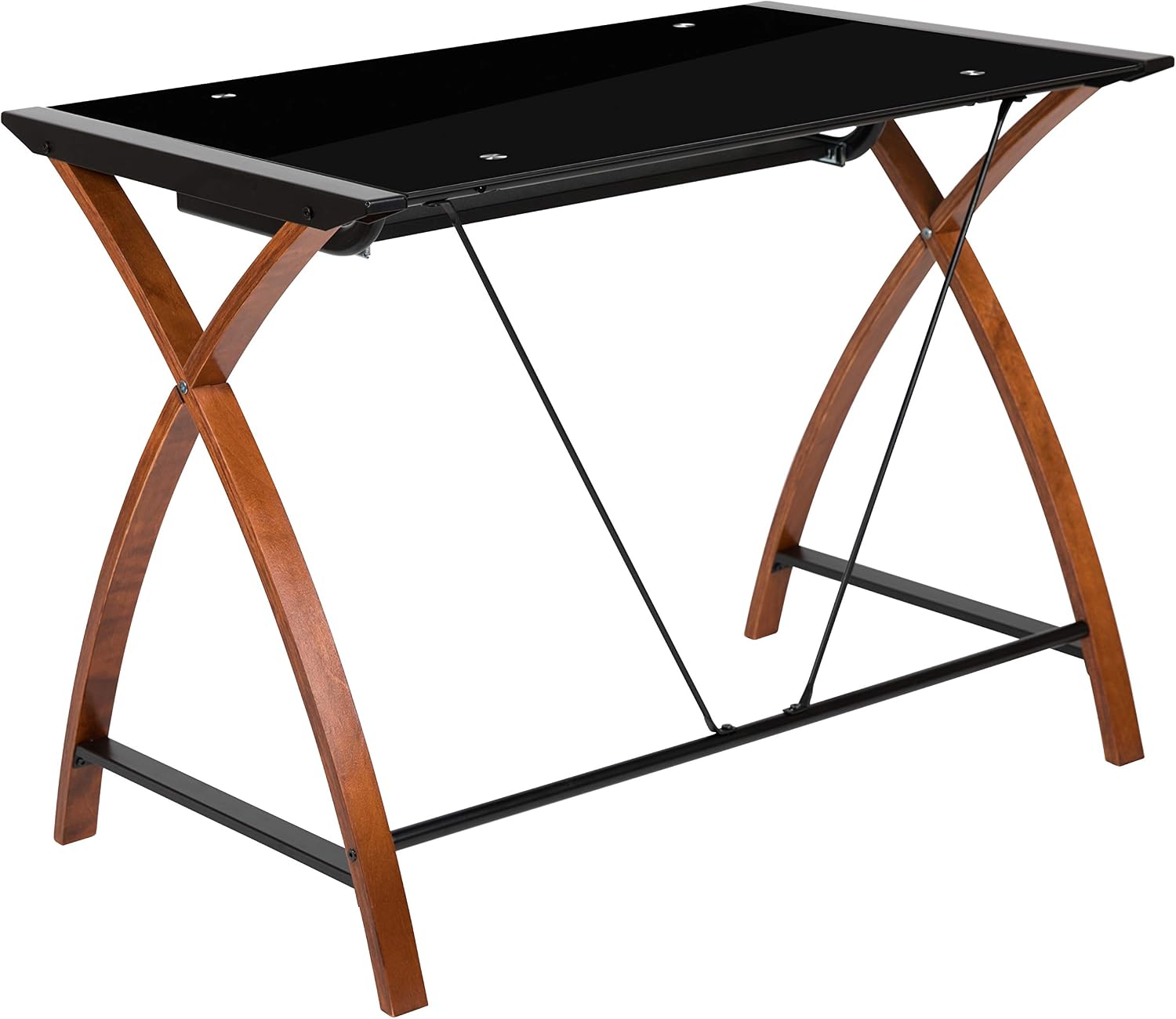 Flash Furniture Jude Tempered Glass Computer Desk with Pull-Out Keyboard Tray and Crisscross Frame, Small Computer Desk for Home Office, Cherry/Clear