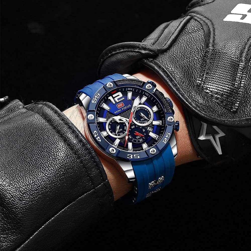 MF MINI FOCUS Men Watch, Chronograph Waterproof Sport Analog Quartz Watches Blue Silicon Strap Fashion Wristwatch for Men