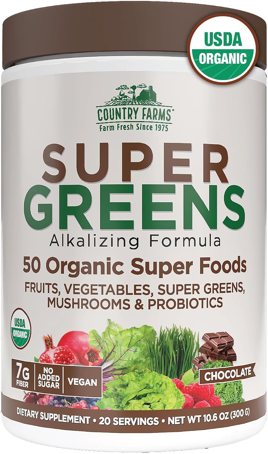 Country Farms Organic Super Greens Powder, Daily Greens Drink Mix with 50 Organic Superfoods, Fruits, Vegetables, Fiber, Mushrooms & Probiotics for Gut Health, Digestion & Energy, Berry Flavor