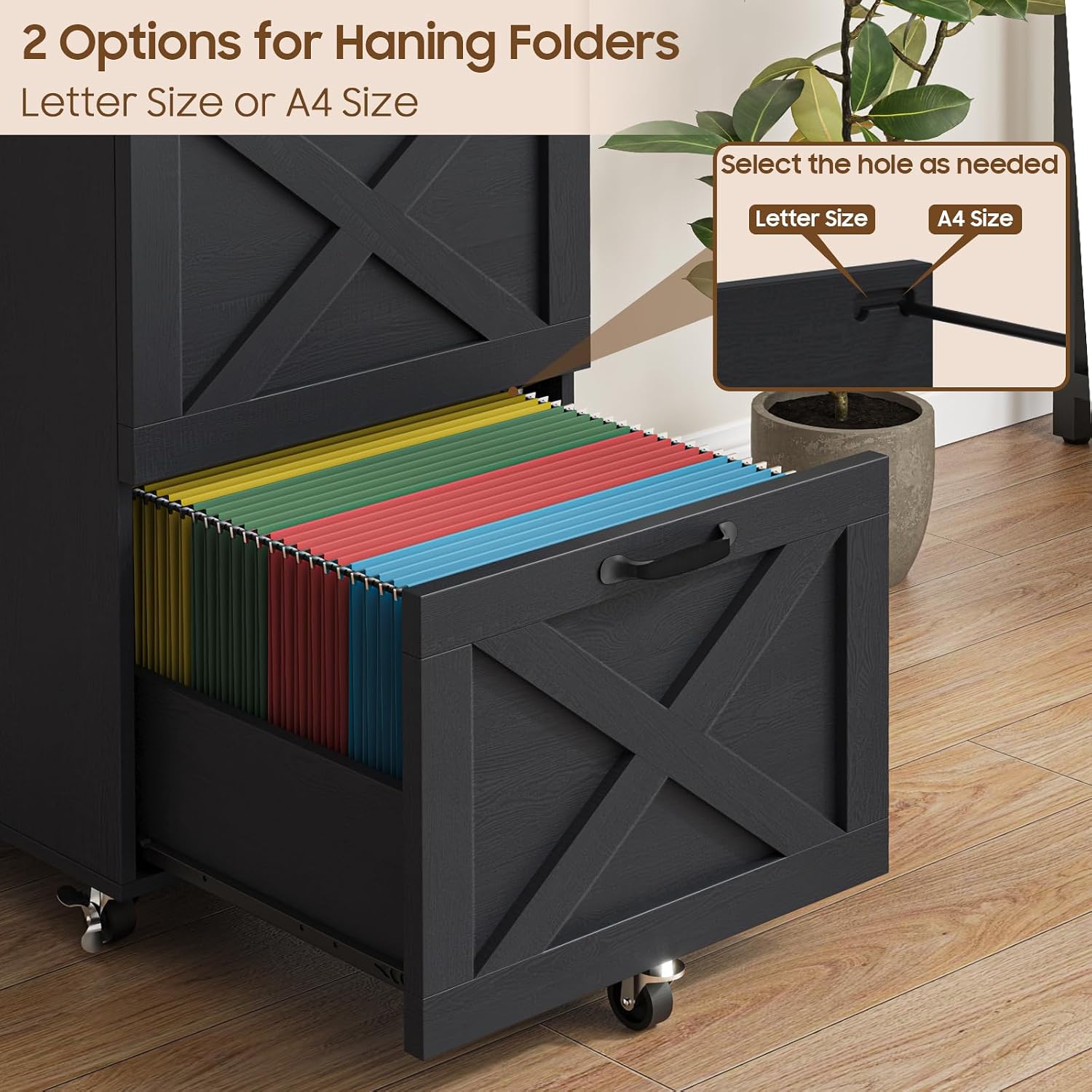 3 Drawers Tall Farmhouse File Cabinet with Wheels for Home Office, Black | Halitaa Vertical Filing Cabinet Fits Letter/A4 Size, Rolling File Cabinet Wooden Printer Stand for Home Office
