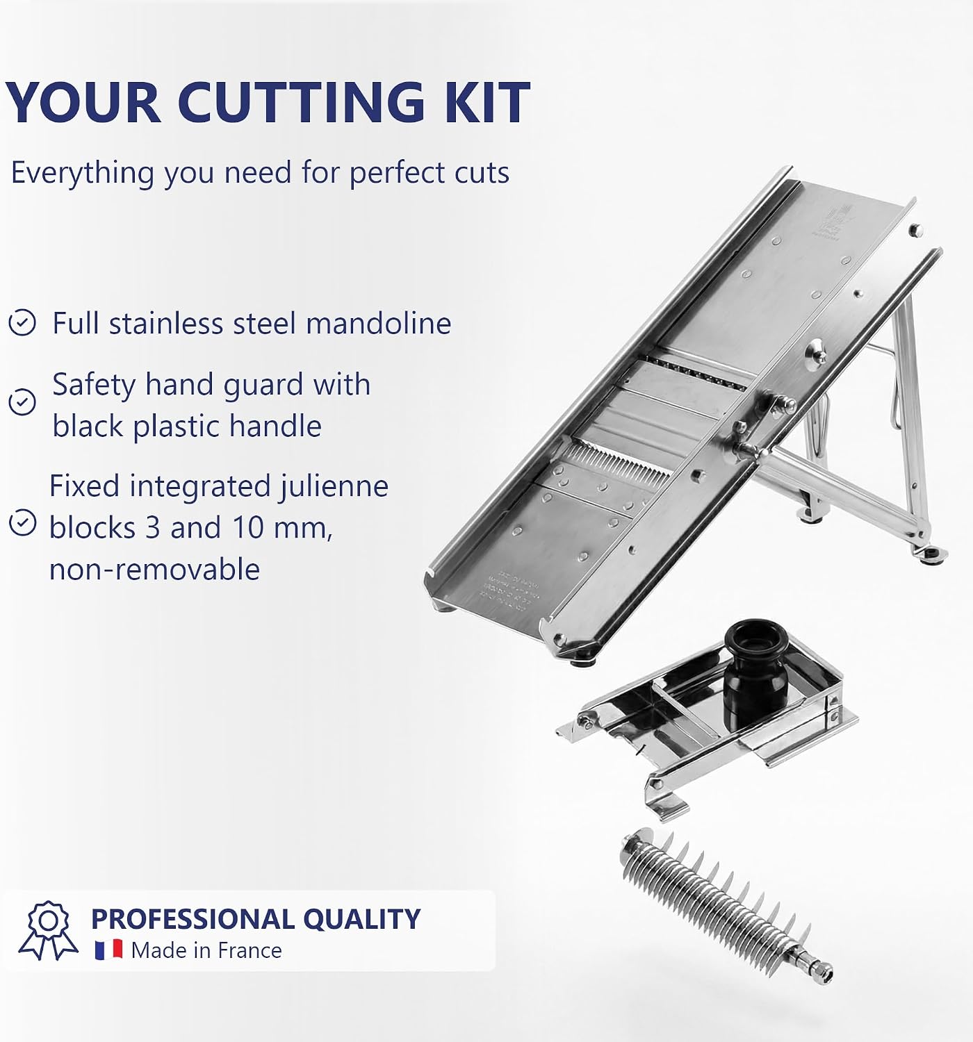 Bron Coucke – Professional Stainless Steel Mandoline with Protective Carriage – 2 Integrated Cutting Blade Units (3 mm & 10 mm) – Smooth &