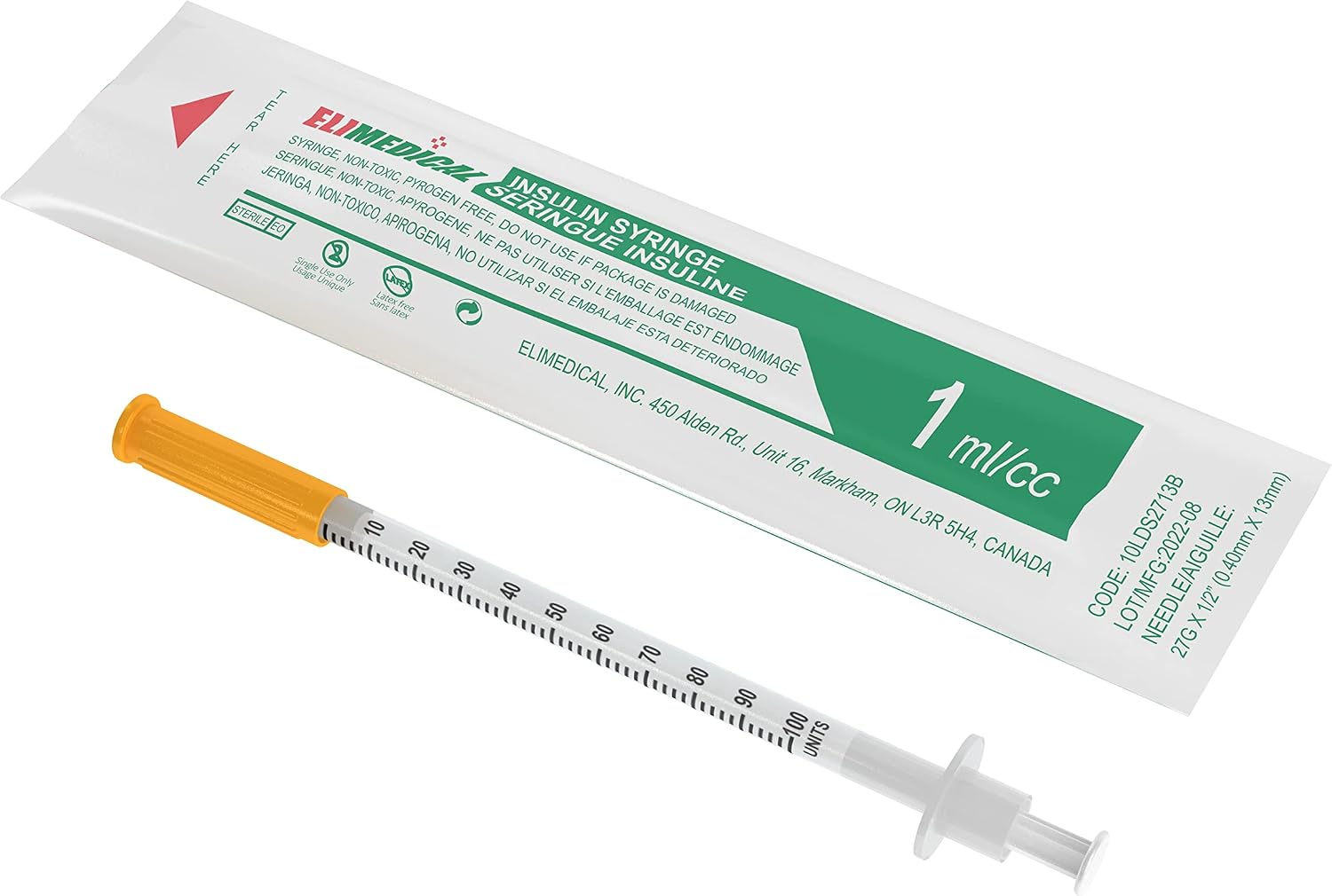 Elimedical Veterinary Insulin Syringe, U-100, 1cc (1ml), 27G x 1/2 inch (12.7mm), Individually Packed, for Pet Cat or Dog, 100 per box, 10LDS2713B