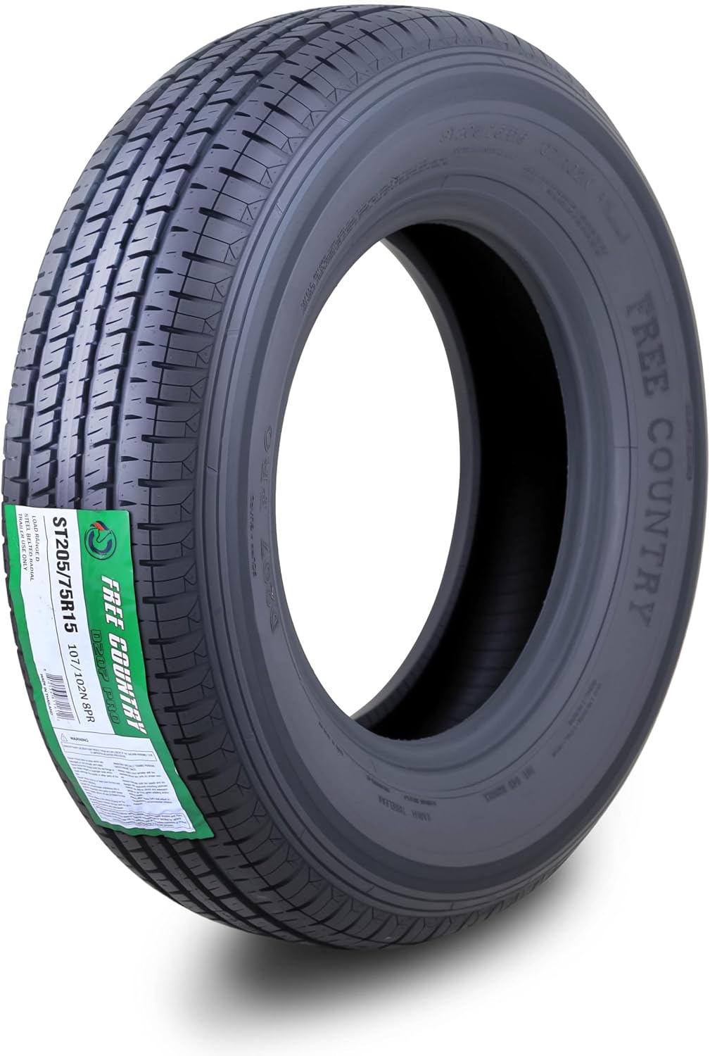 Free Country Premium Trailer Tire ST205/75R15 8PR LRD 107N w/Scuff Guard | Steel Belted Radial Load Range D Speed Rating N 88 MPH w/Featured Side