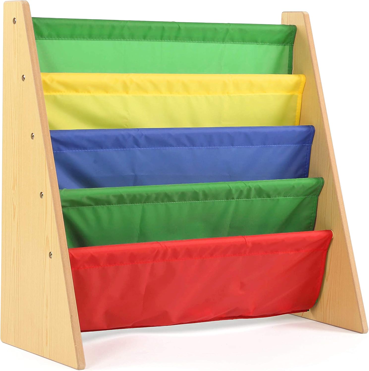 Humble Crew Kids Bookshelf, Montessori Front Facing Toddler Bookcase 4 Tier | Book display rack and reading nook organizer, nylon pockets show covers face out, compact for any playroom or bedroom space