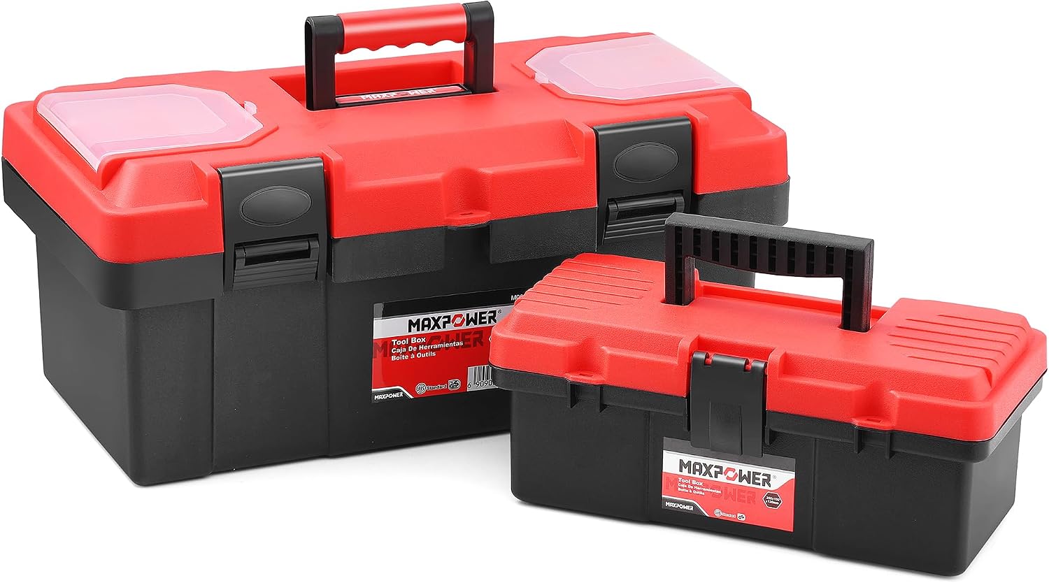 MAXPOWER Small Tool Box, 14-inch Plastic Tool Boxes with Handle | Removable Tray with Dual Lock Secured, Red Toolbox for Home