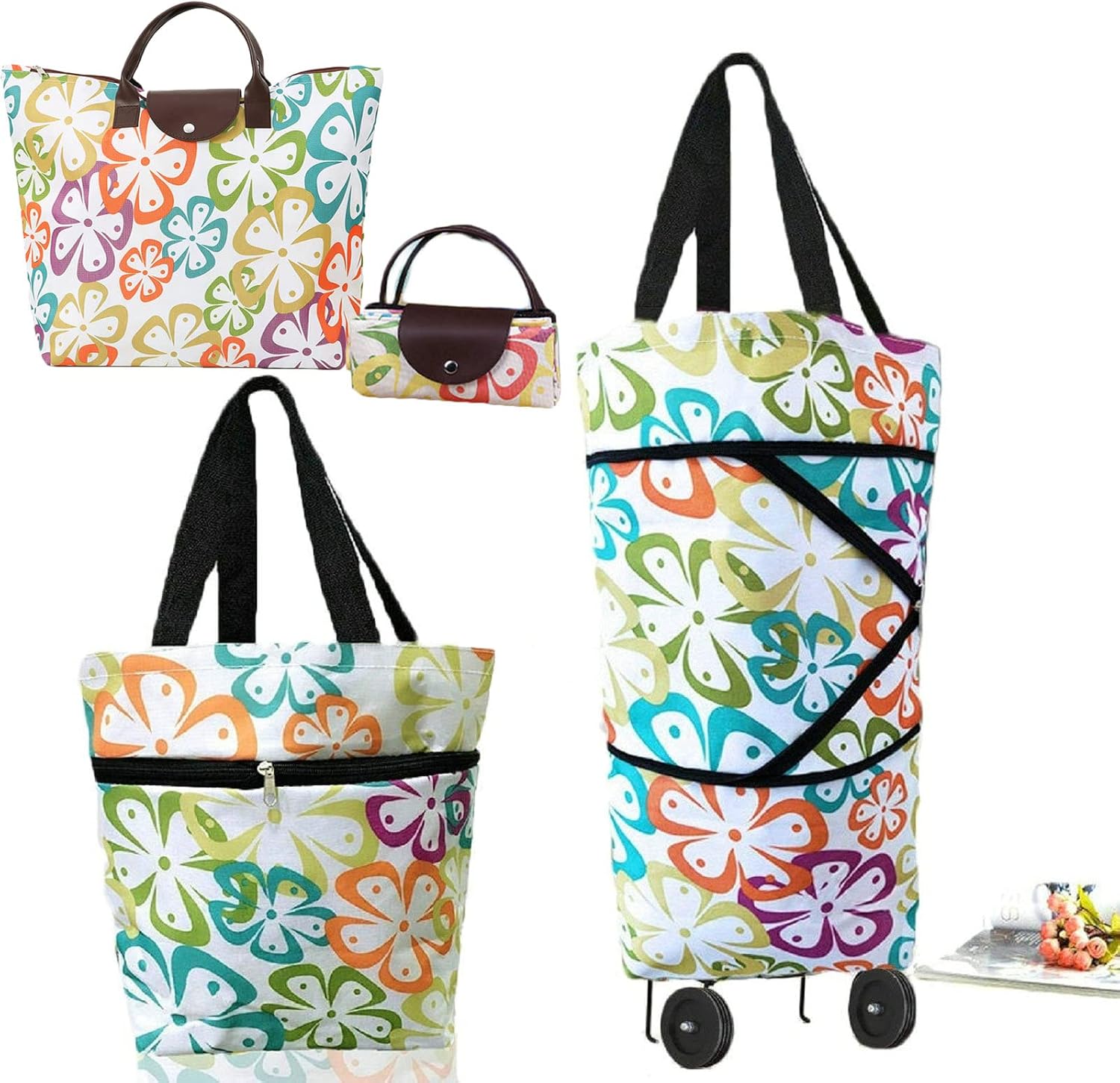 Collapsible Shopping Bag with Wheels Portable Shopping Cart with 360° Swivel Wheels Rolling Tote Bag Reusable Grocery Bag Trolley Bag on Wheels for Travel Shopping and Daily Use(Blue)