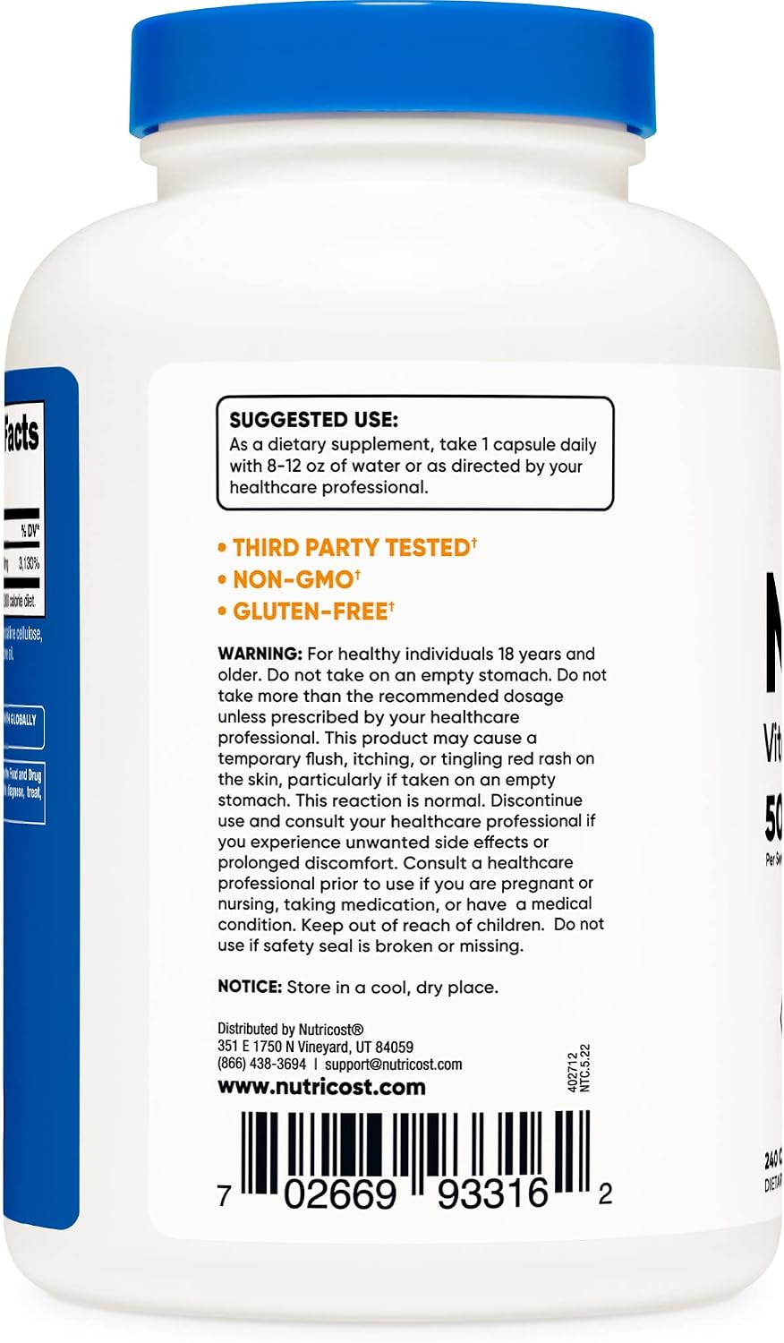 Nutricost Niacin (Vitamin B3) 500mg, 240 Capsules, with Flushing, GMO-Free | Gluten-Free