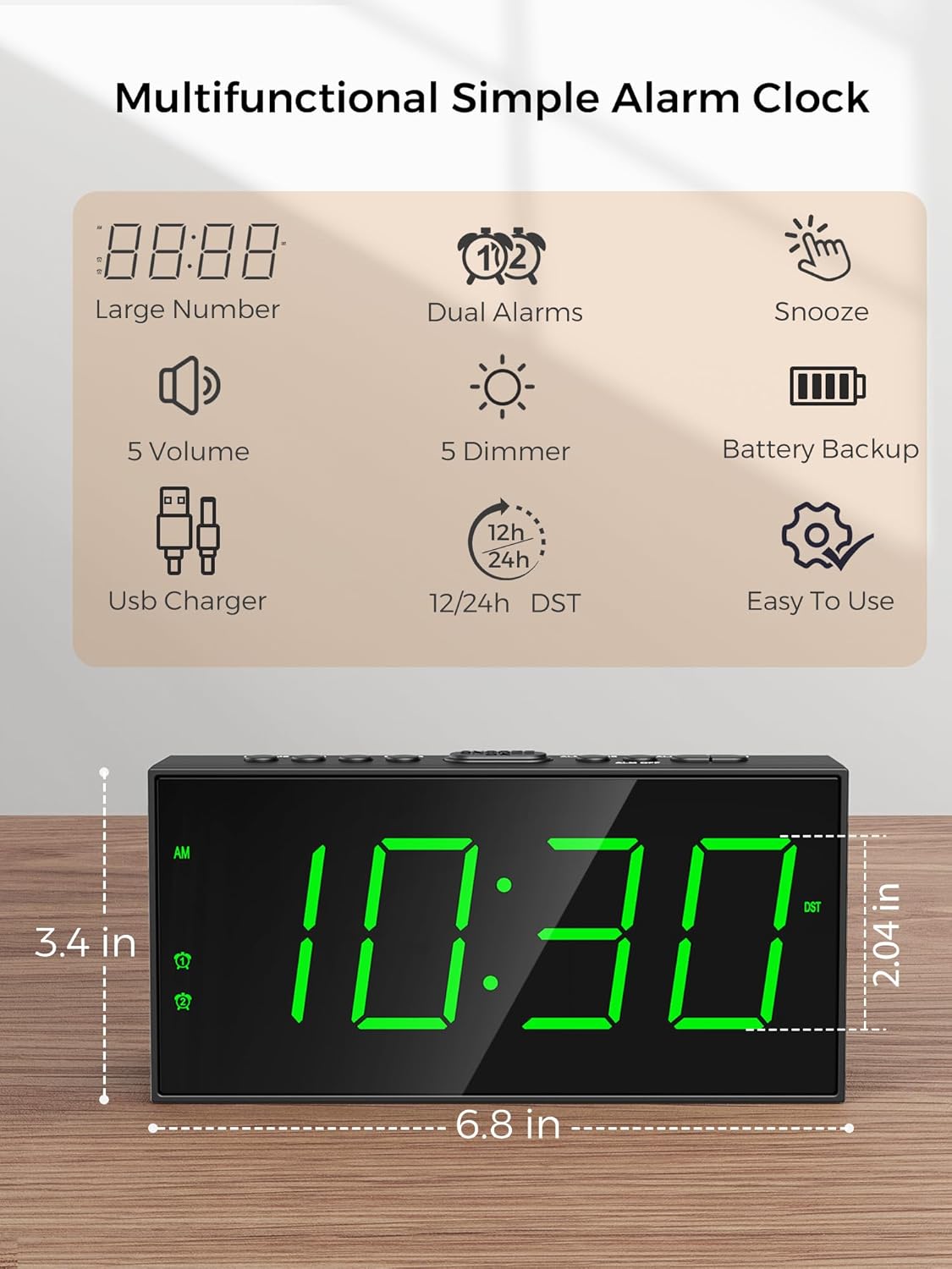 Digital Alarm Clocks for Bedrooms, Dual Alarms, 7.5-Inch Large Display