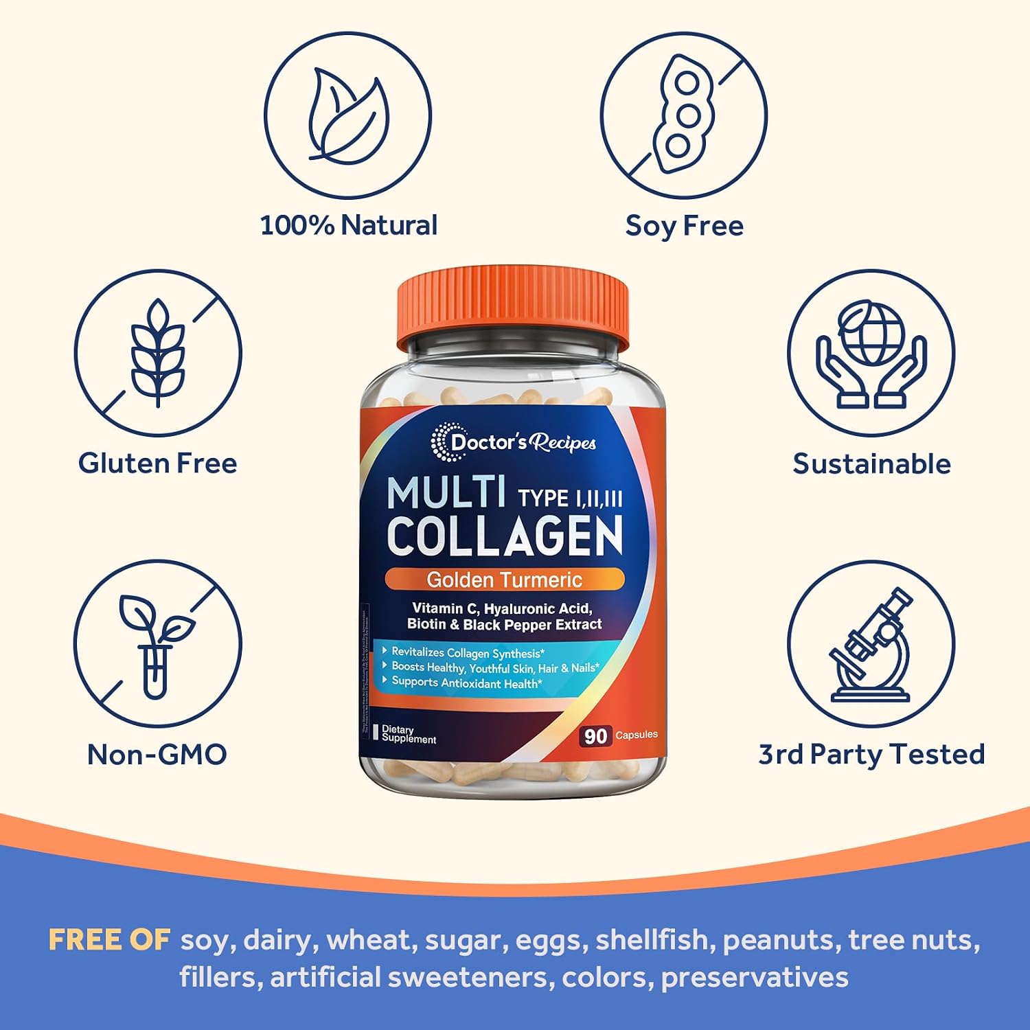 Doctor's Recipes Multi Collagen Peptides with Golden Turmeric, Vitamin C, Biotin, Hyaluronic Acid & Black Pepper, Collagen Supplements for Skin, Hair