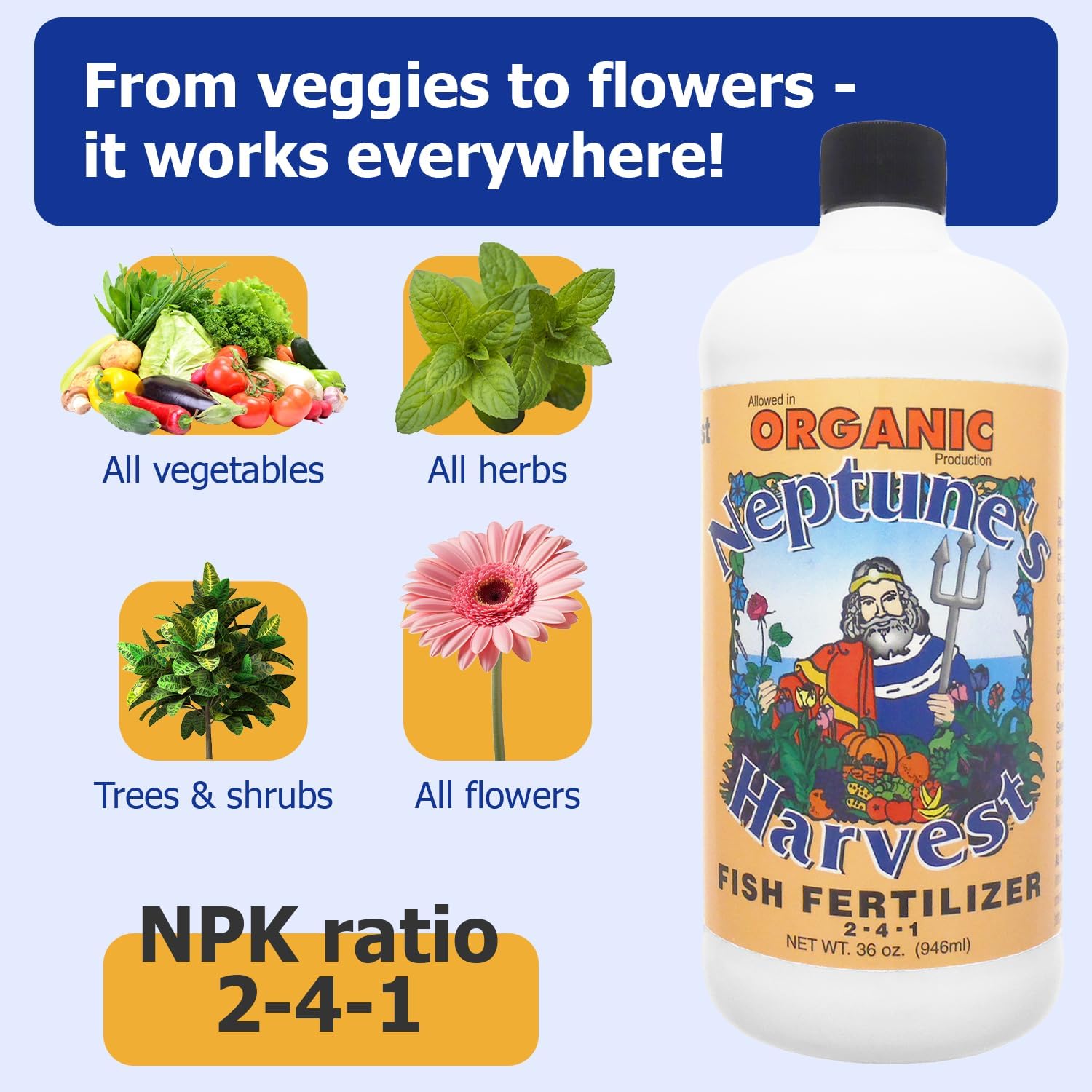 Neptune's Harvest Fish Fertilizer (2-4-1) - Organic Liquid Plant Fertilizer - Fish Hydrolysate for Vegetables, Flowers, Fruit, Trees, Grass - Indoor and Outdoor Plant Food (Gallon)