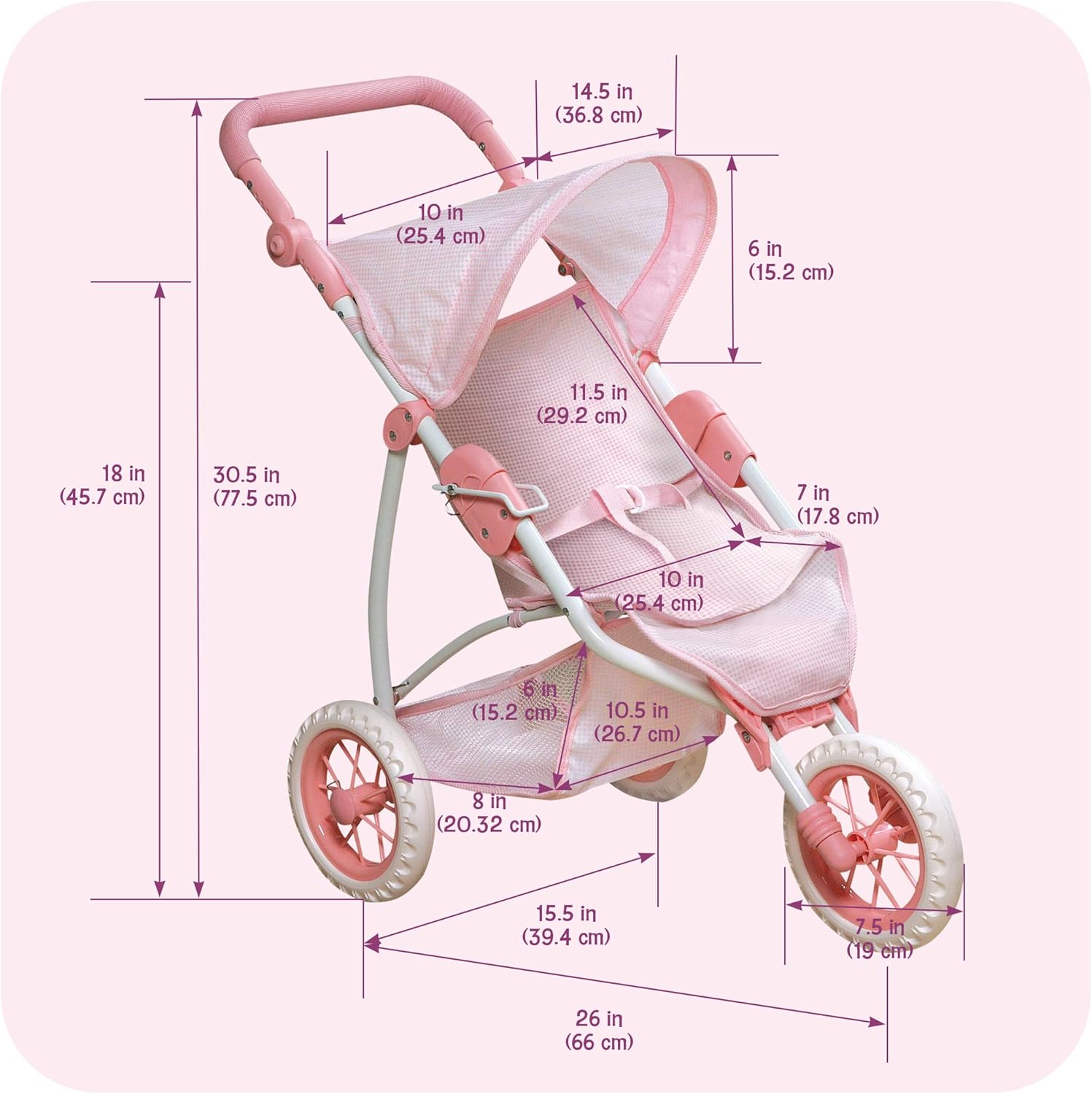 Badger Basket Foldable Jogging Style Doll Stroller - Adjustable Handle, Canopy, Straps & Basket - Fits 18-22" Dolls