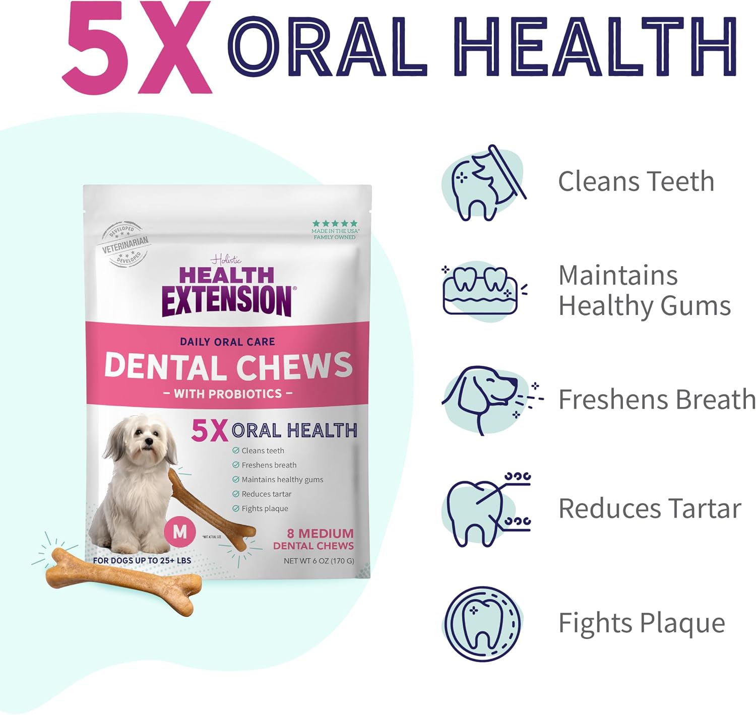 Health Extension Probiotic Dental Bones for Dogs, 14 Small Bones, Cleans Teeth, Healthy Gums, Freshens Breath, Training or Reward, 6 oz Bag (Pack of 1)