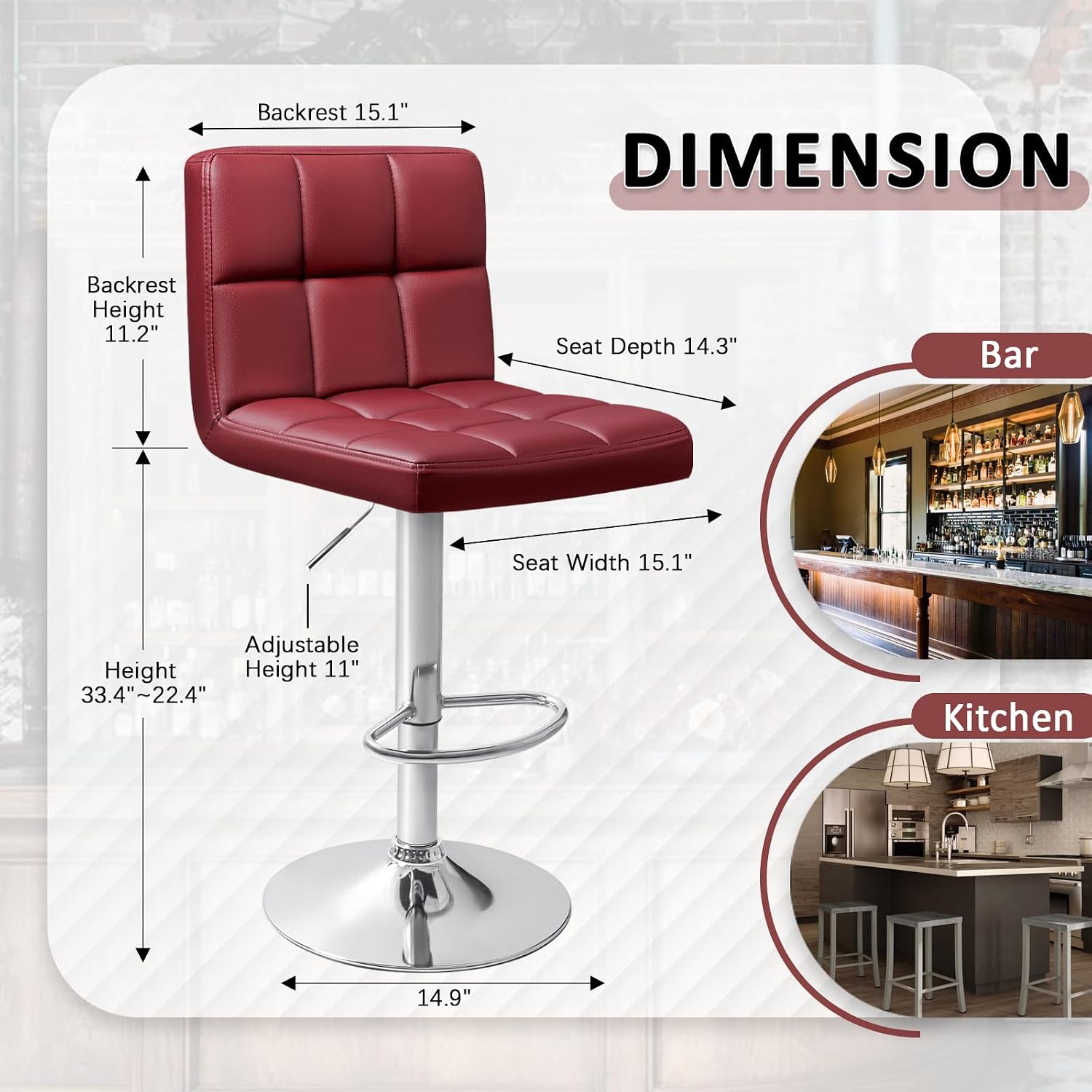Homall Bar Stools Modern PU Leather Adjustable Swivel Barstools, Armless Hydraulic Kitchen Counter Bar Stool Extra Height Square Island Barstool with Back Set of 2 (Leather, White)