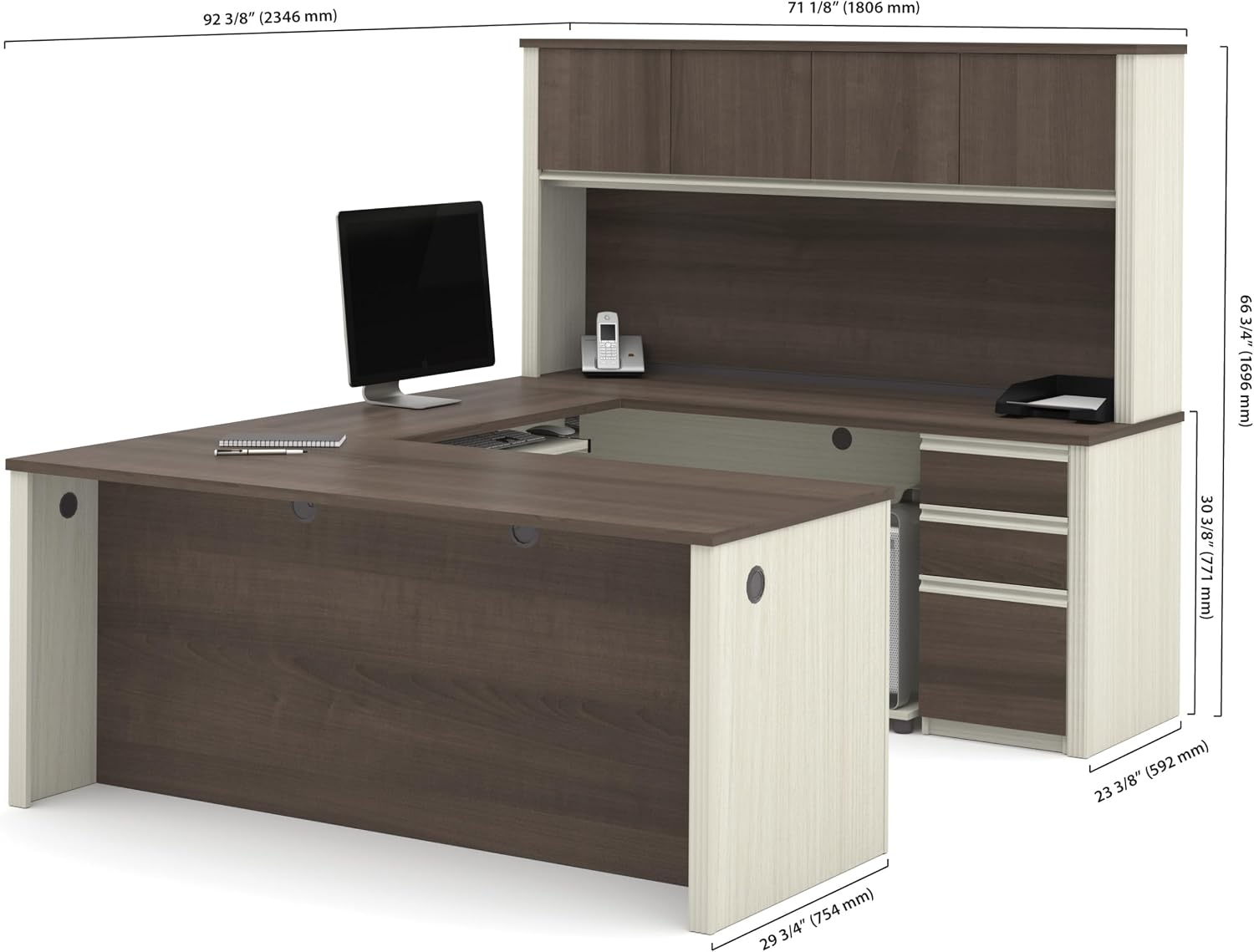 Bestar Prestige + 72W U-Shaped Executive Desk with 2 Pedestals and Hutch in White Chocolate & Antigua | With 2 Pedestals and Hutch; with Narrow Desk Shell, Desk Shell, Desk Bridge, Keyboard Tray, CPU Stand; stands 67 in. tall