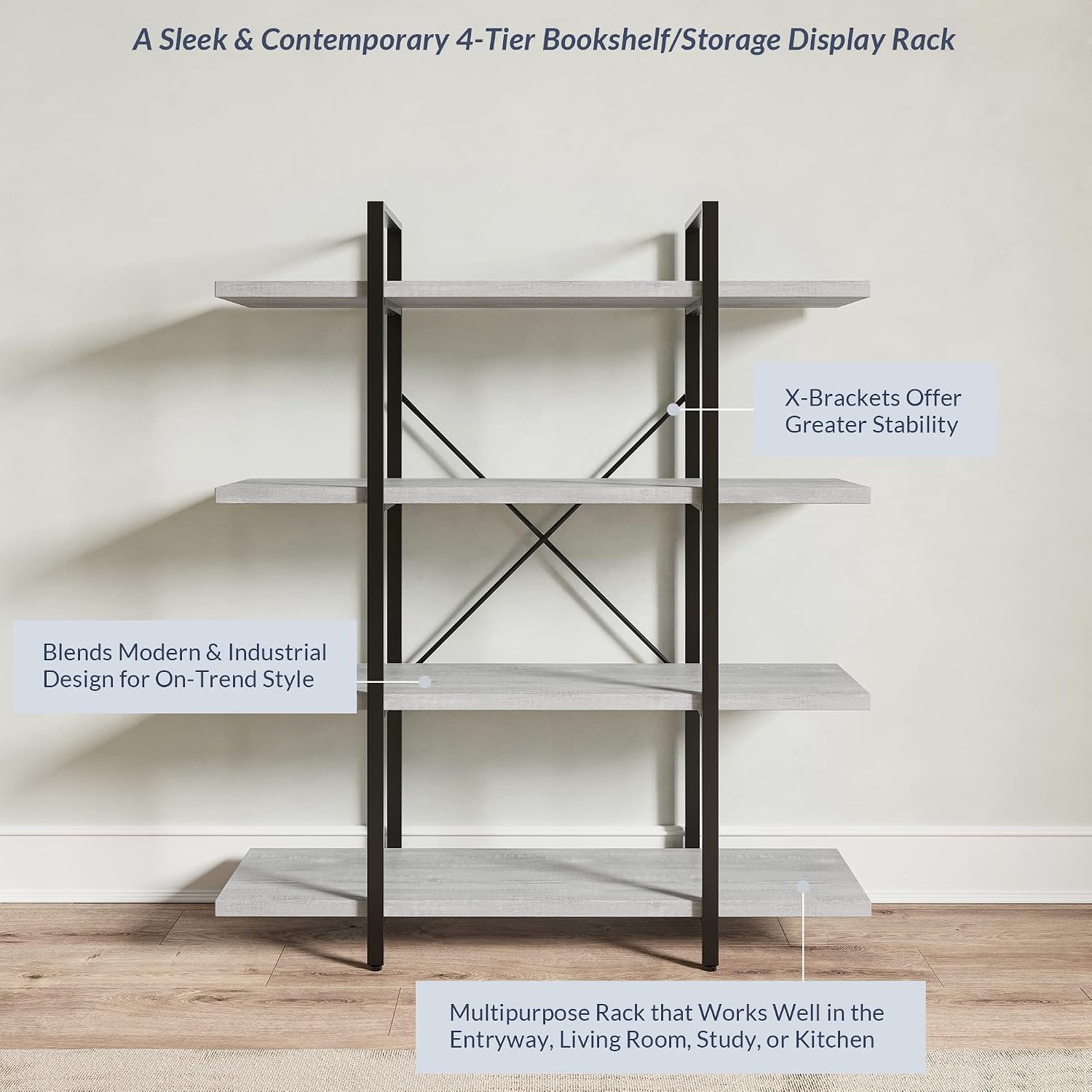 BELLEZE 4 Tier Modern Rustic Industrial Bookshelf, Open Wide Office Etagere Book Shelf