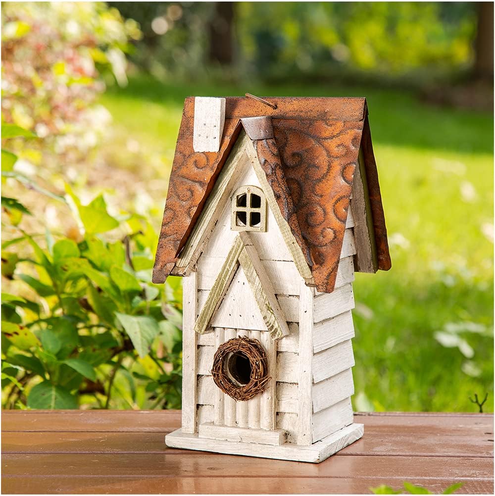 Glitzhome 12" H Green Hanging Distressed Solid Wood Garden Bird House Decorative Birdhouse