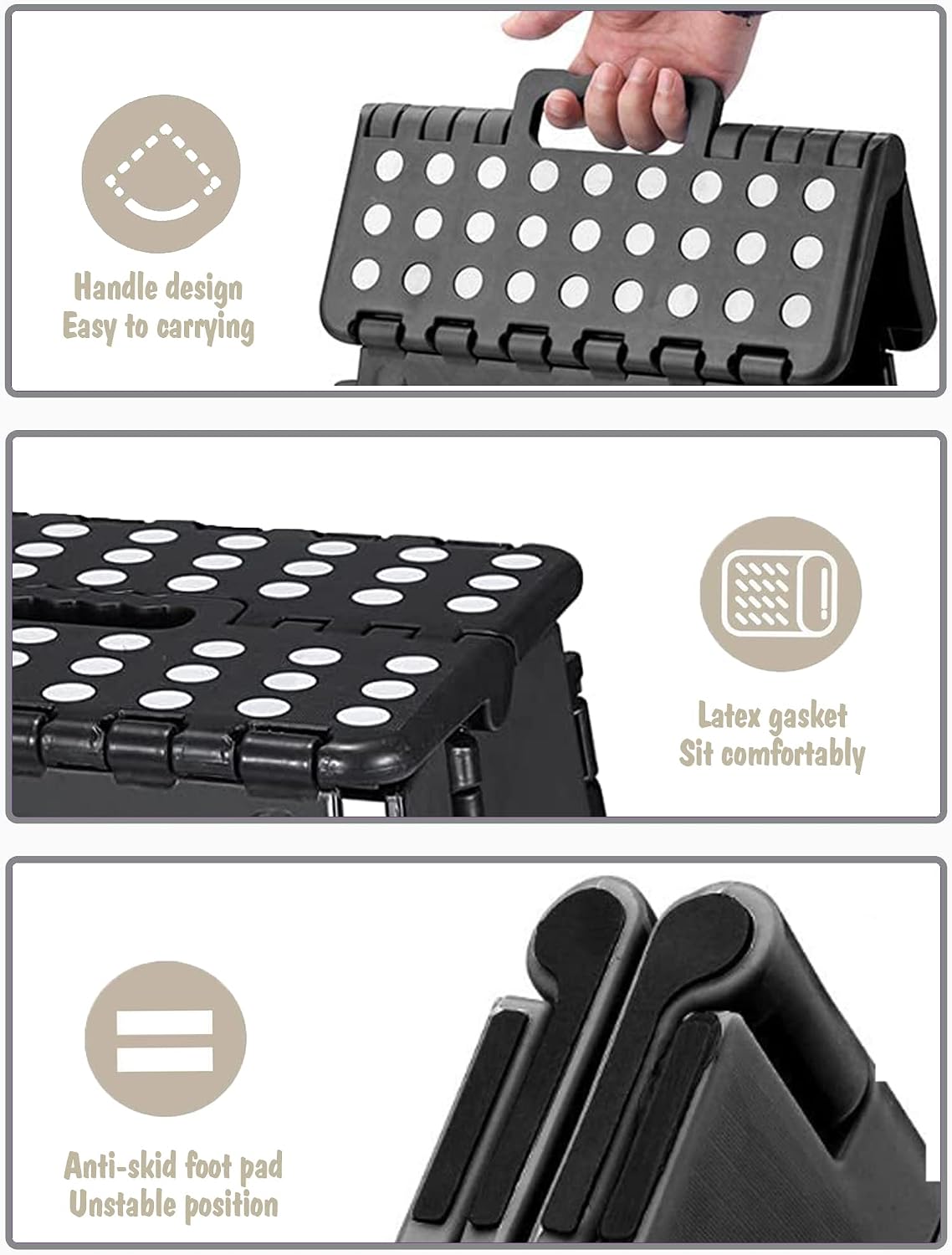 ACKO 13 Inch Folding Step Stool, Holds 300 lb for Adults and Kids, Black | Collapsible Heavy Duty Foldable Stools, Portable Non-Slip Foot Stepping stool, Kitchen Bathroom Bedroom Outdoor with Handle