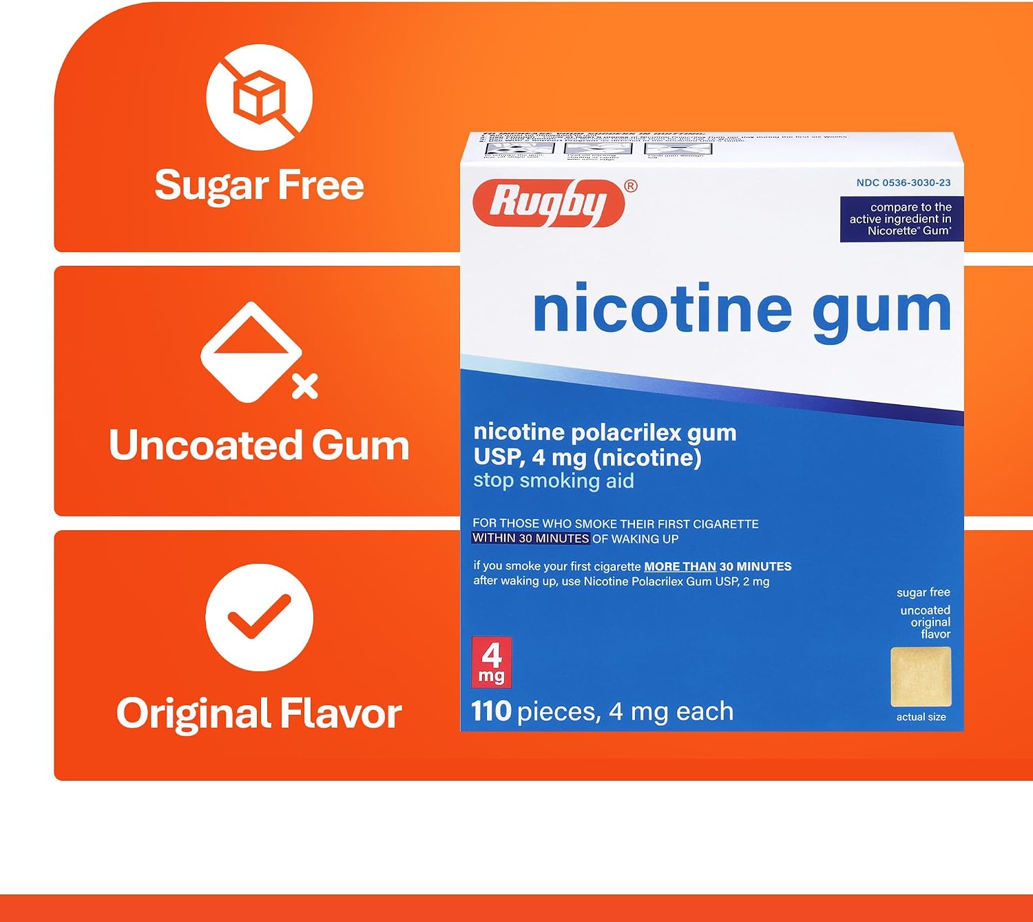 Rugby Polacrilex 4mg Nicotine Gum, Original Flavor, 110 Count (1-Pack) | Sugar-Free Stop Smoking Aid, Helps Reduce Nicotine Cravings and Withdrawal Symptoms, 12-week Schedule