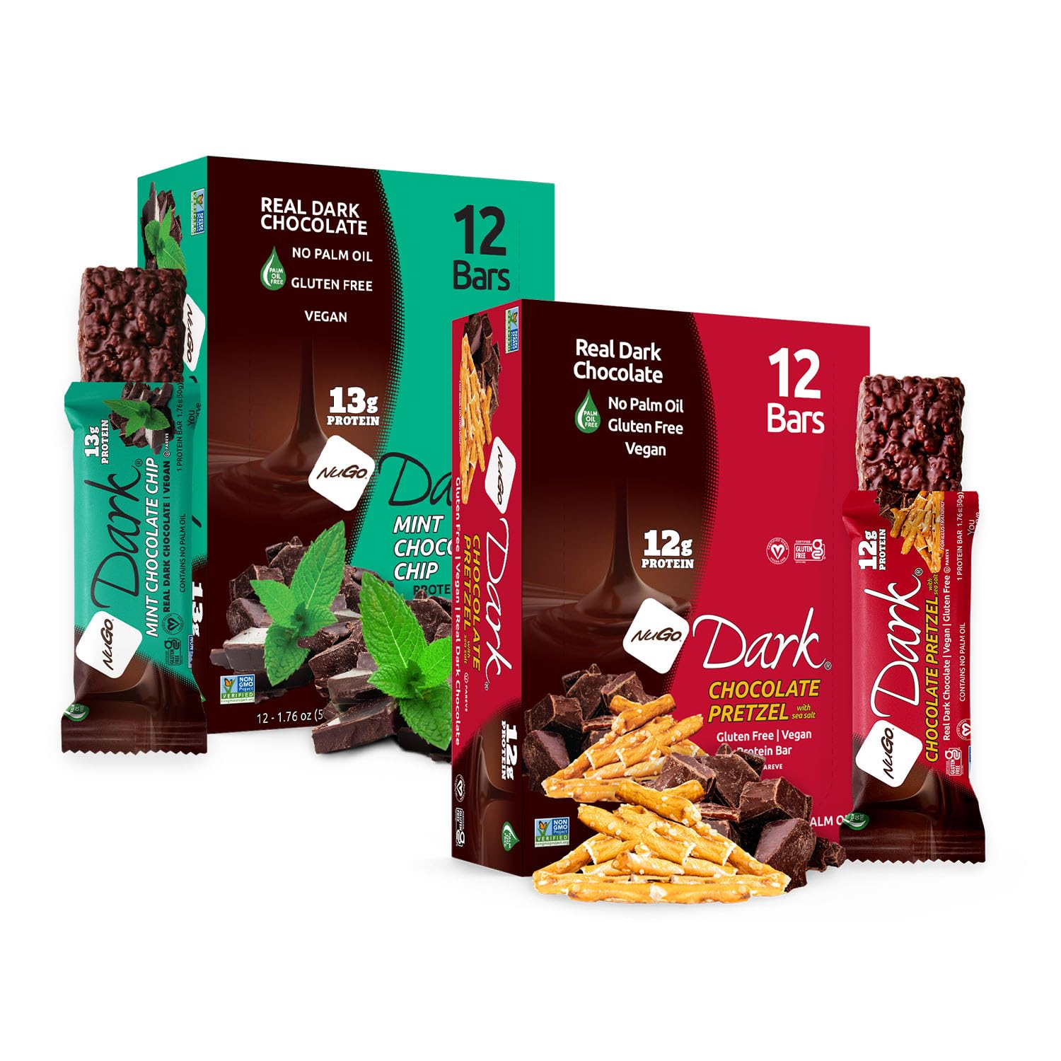 NuGo Dark, Mint Chocolate Chip, 13g Vegan Protein Bar, Gluten Free, 24 CT