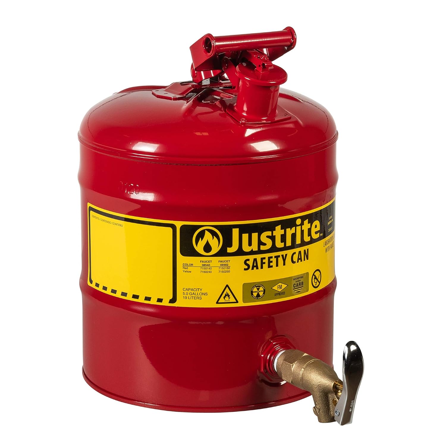 Justrite 7150150 Type I Galvanized Steel Laboratory Safety Shelf Can with | Rigid Brass Safety Bottom Faucet, 5 Gallon Capacity, Red
