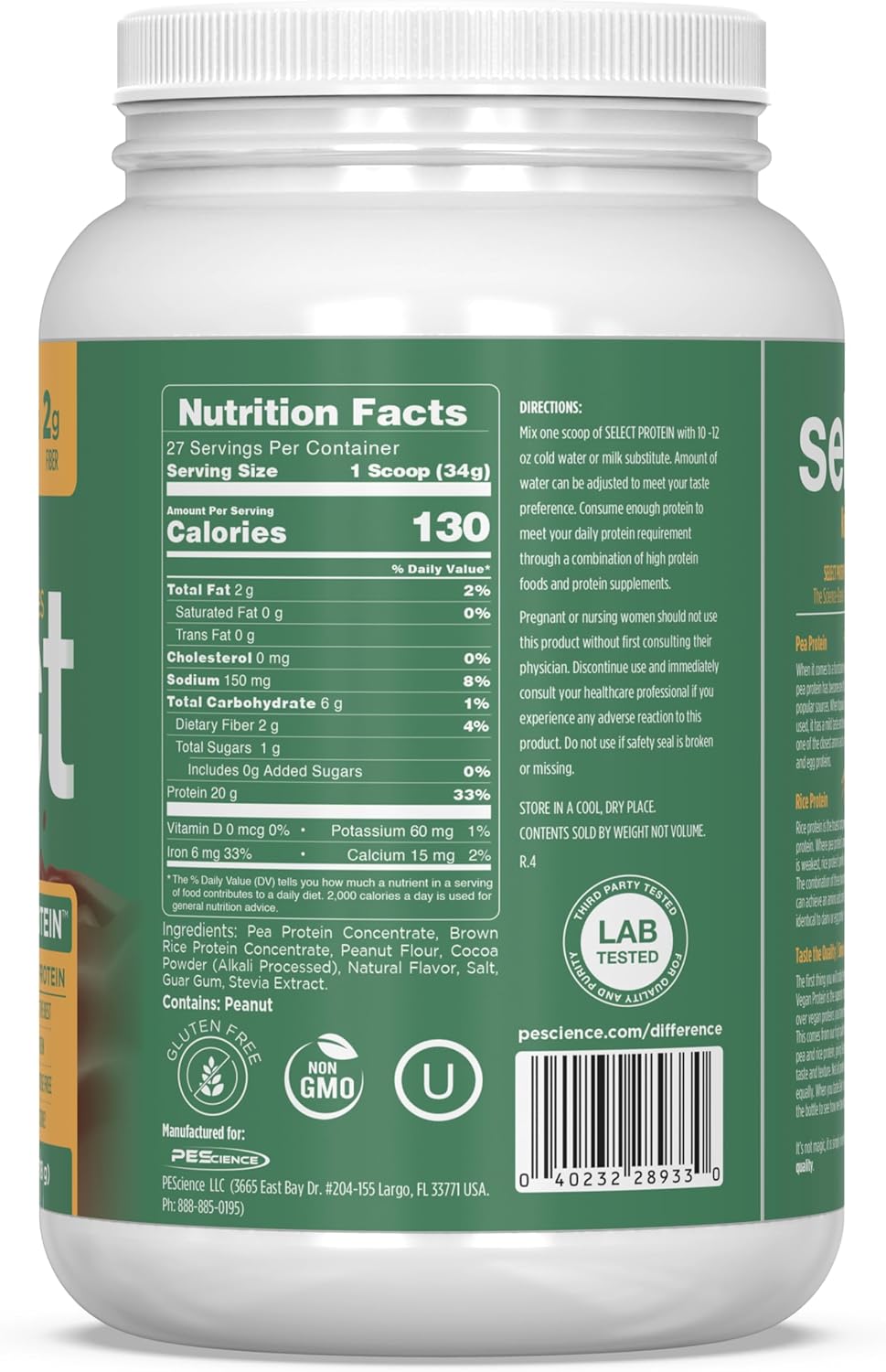 PEScience Select Vegan Protein Powder, Peanut Butter Delight, 27 Servings | Plant Based Protein Powder, Pea and Brown Rice Blend, Dairy Free, Lactose Free, Gluten Free
