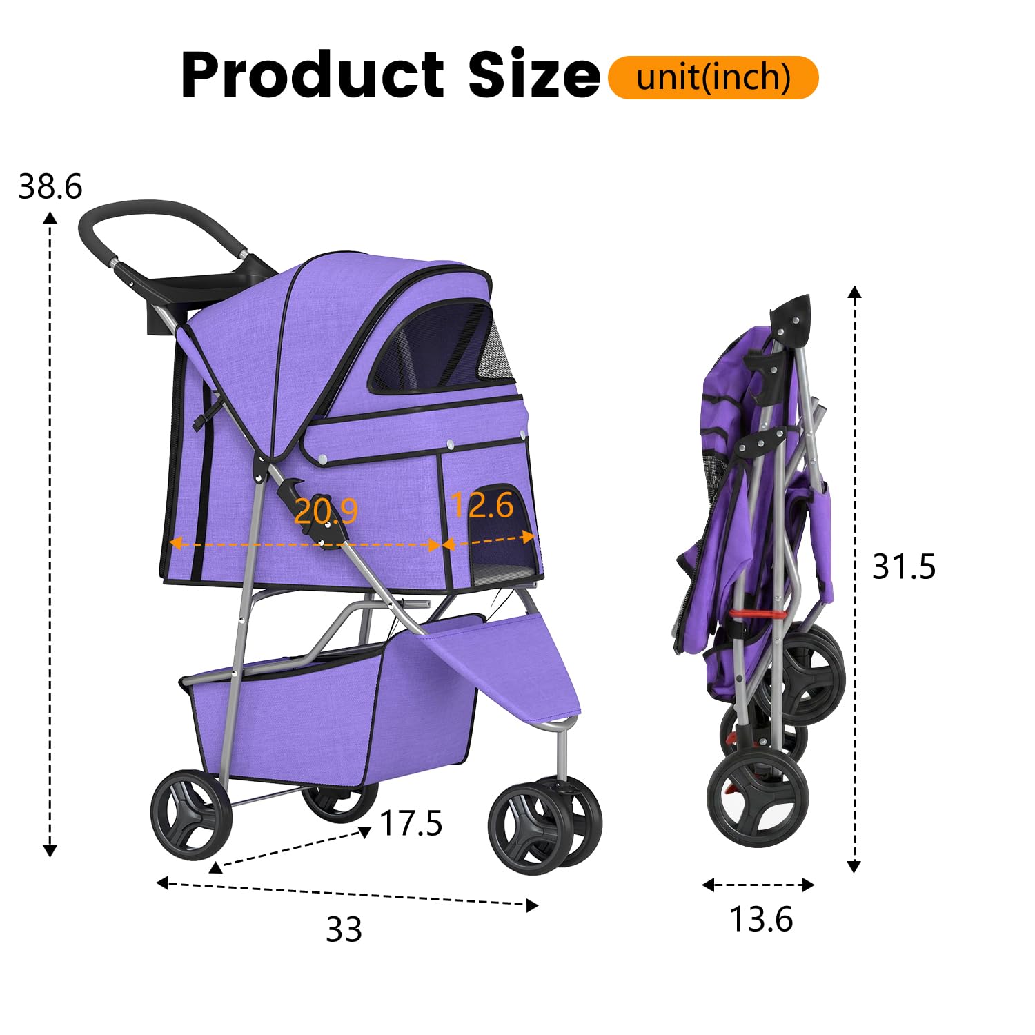 BestPet | 3-Wheel Pet Stroller | Dog and Cat Stroller | Breathable Mesh | Lightweight Travel Carrier | Waterproof & Foldable Design | Storage Basket | Black | for Daily Walks & Outdoor Use | Breathable Mesh | Lightweight, Waterproof Travel Carrier with C…