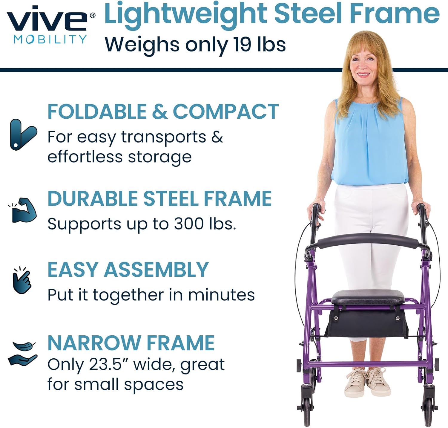 Vive Mobility Steel Rollator Walker with Seat - Foldable, Narrow