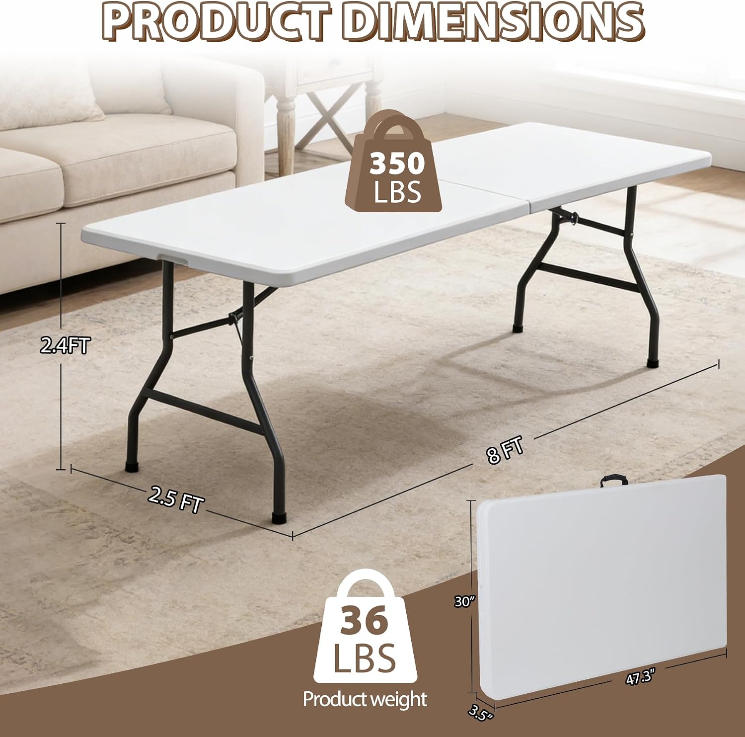 ZENY 6ft Folding Table, Portable Picnic Table, Plastic Table for Indoor Outdoor Picnic, Party, Camping, Heavy Duty Fold-up Table with Handle, White