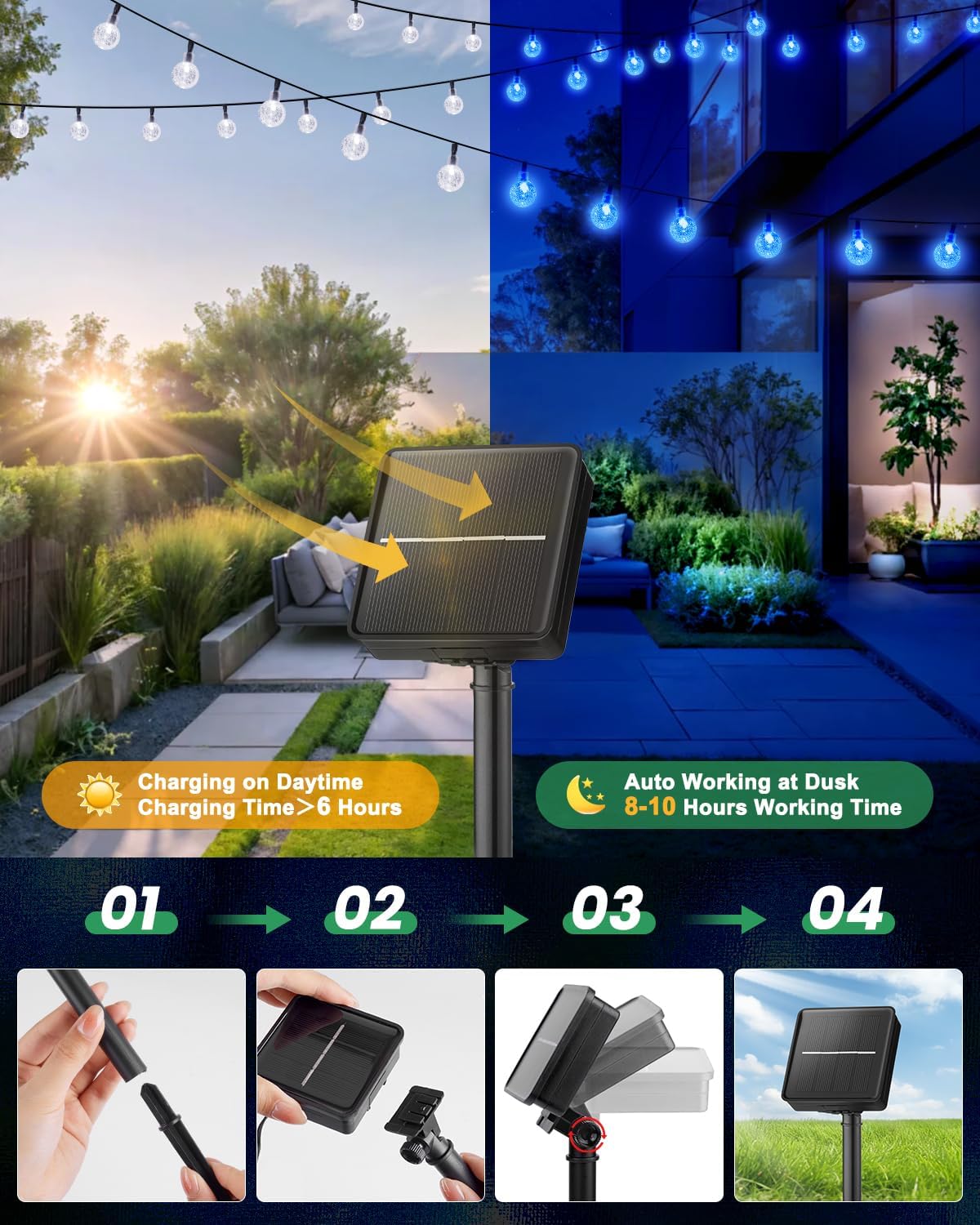 Brightown Solar String Lights Outdoor 60 Led 35.6 Feet Crystal Globe Lights with 8 Lighting Modes