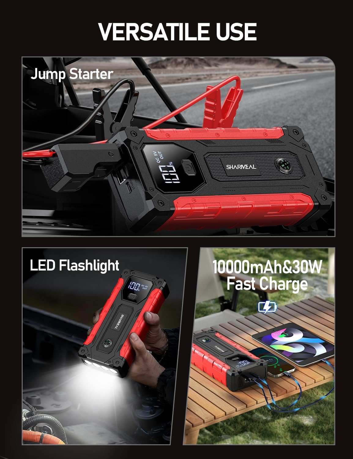 Sharmeal Car Battery Jump Starter 7000A, Jump Starter Battery Pack for All Gas and 12.0L Diesel, 12V Portable Jump Box with LED Light