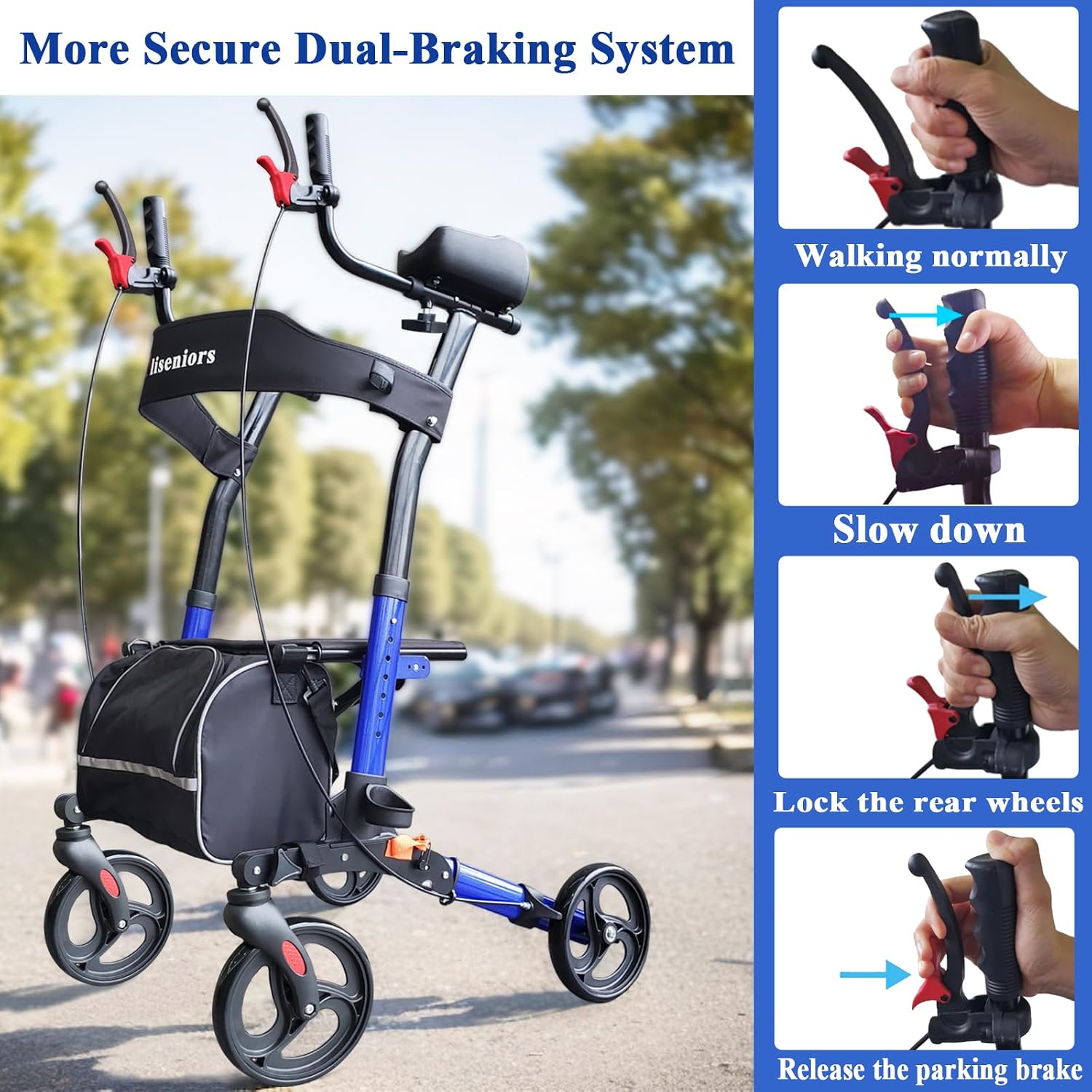 Aliseniors Upright Walker for Seniors - Big Stand Up Walker with Wide Seat, Foldable 4 Wheel All-Terrain Rolling Walker, Adjustable Armrests, 300lbs, Improves Posture & Reduces Back Strain | 20.6" Wide Seat, Foldable Rollator, 8" All-Terrain Wheels, Adju…