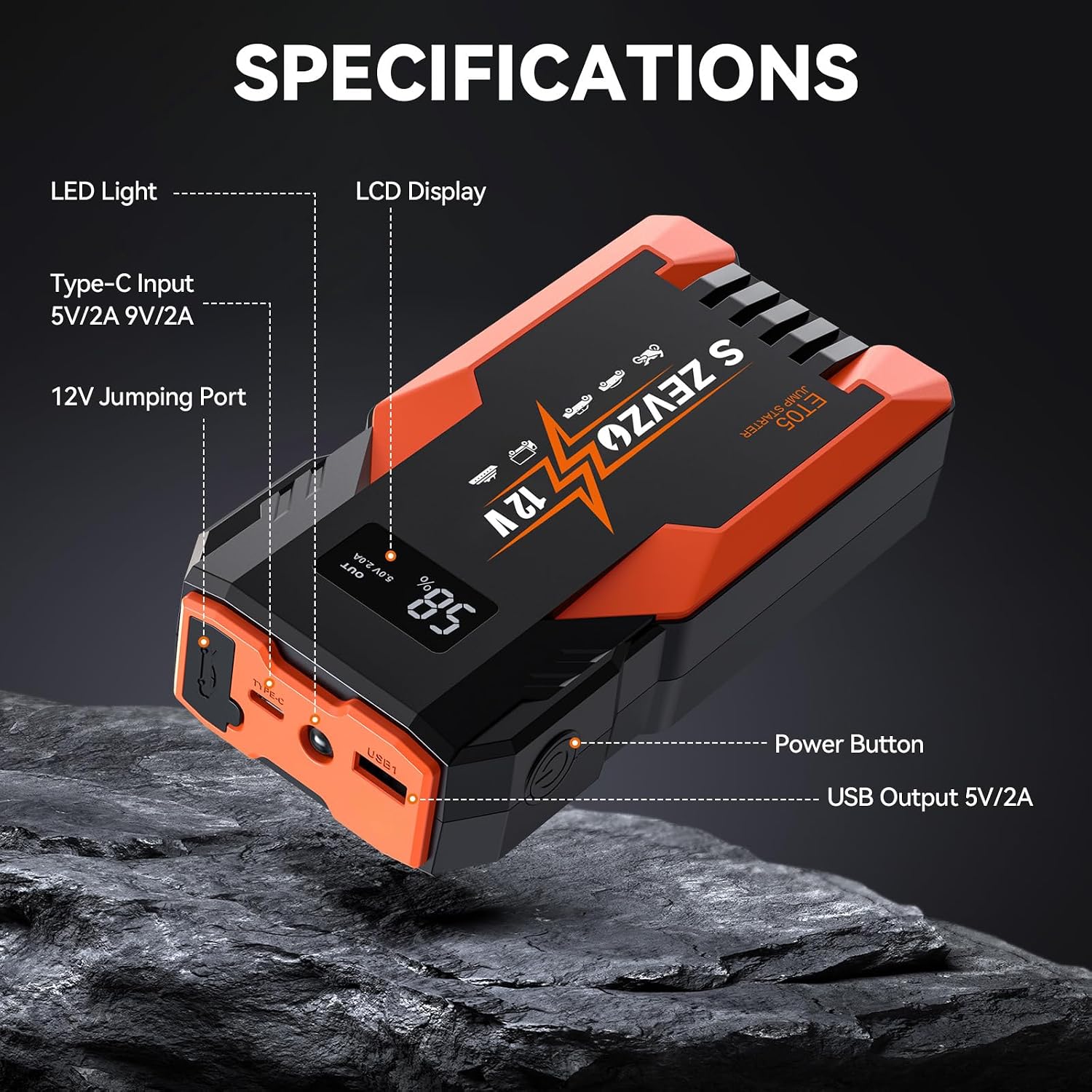 S ZEVZO ET05 Jump Starter 3000A Portable Car Jump Starter Battery Pack (7.2L Gas/ 5.5L Diesel), 51.8Wh 12V Jump Box with USB Ports