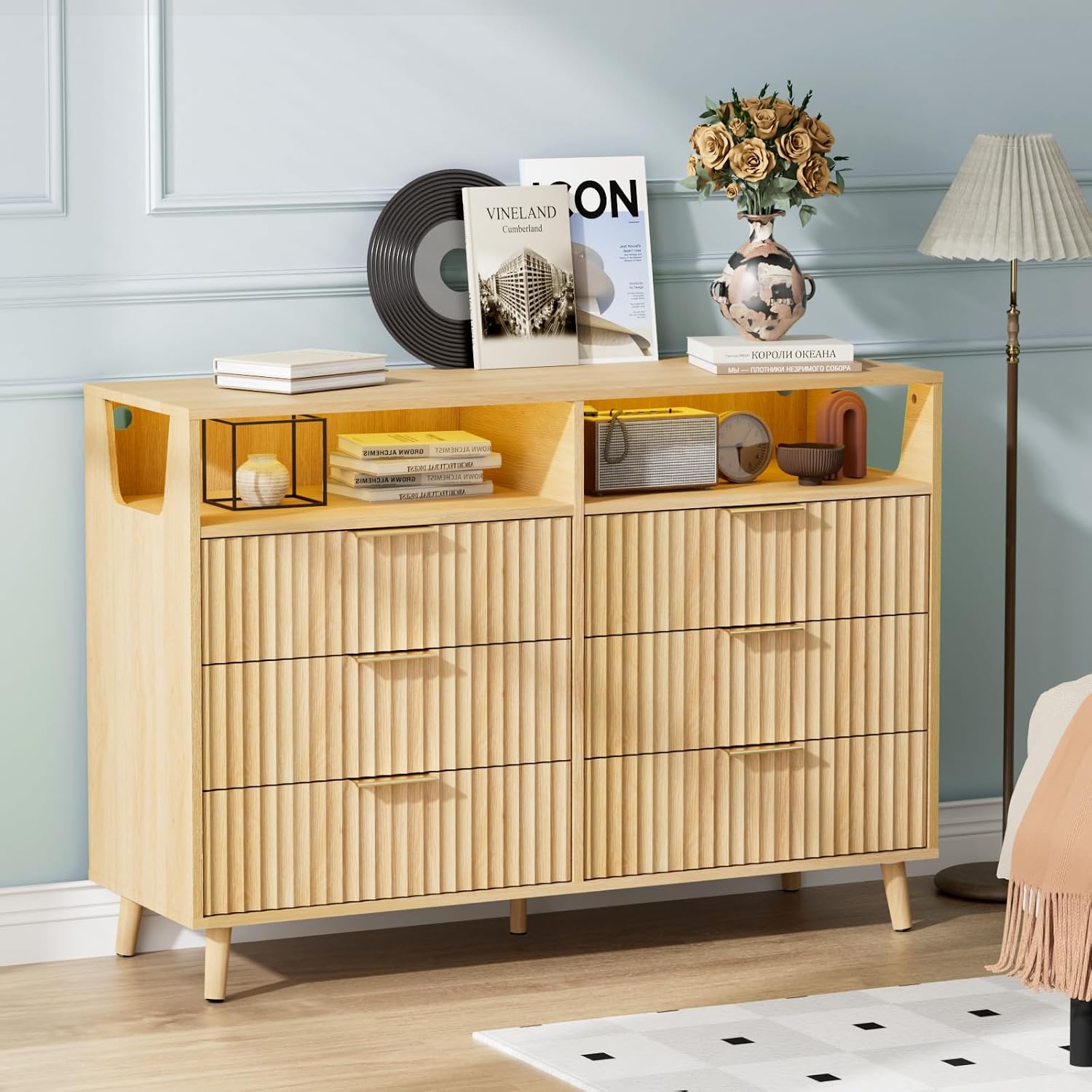 VINGLI Fluted Tall Dresser 5 Drawer, 23.66" W Chest of Drawers Gray Wood Dresser with Rounded Edges, Grey Dressers for Bedroom
