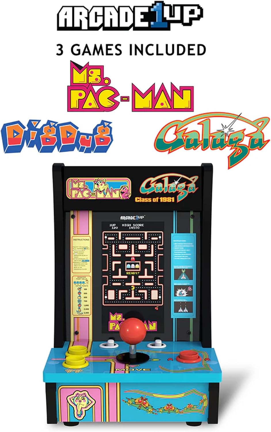 Arcade1Up Ms. Pac-Man Class of '81 Countercade, 3 Retro Games | Countertop Arcade Machine with 7-Inch LCD Screen and Real Feel Joysticks and Buttons