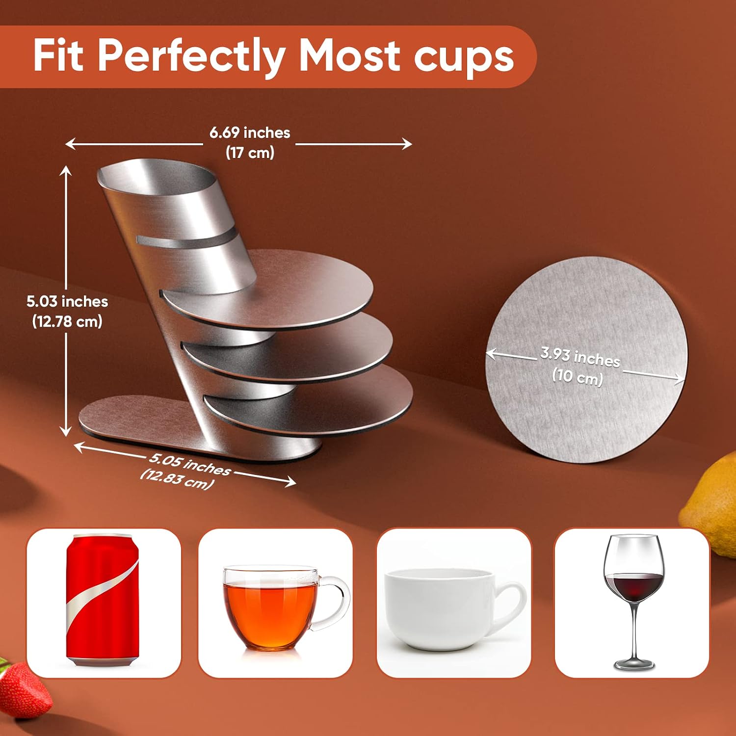 Cup Coasters, Newness Cup Coasters Set with Decorative Rack, Stainless Steel Tabletop Display Round Cup Coaster with Holder, Silver, Set of 4