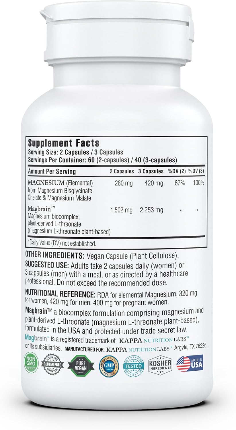Kappa Nutrition Powered by Magbrain™ Magnesium L-Threonate Plant-Based, 420mg Elemental Magnesium (3 Capsules) from 2, 253mg, 120 Vegan Capsules