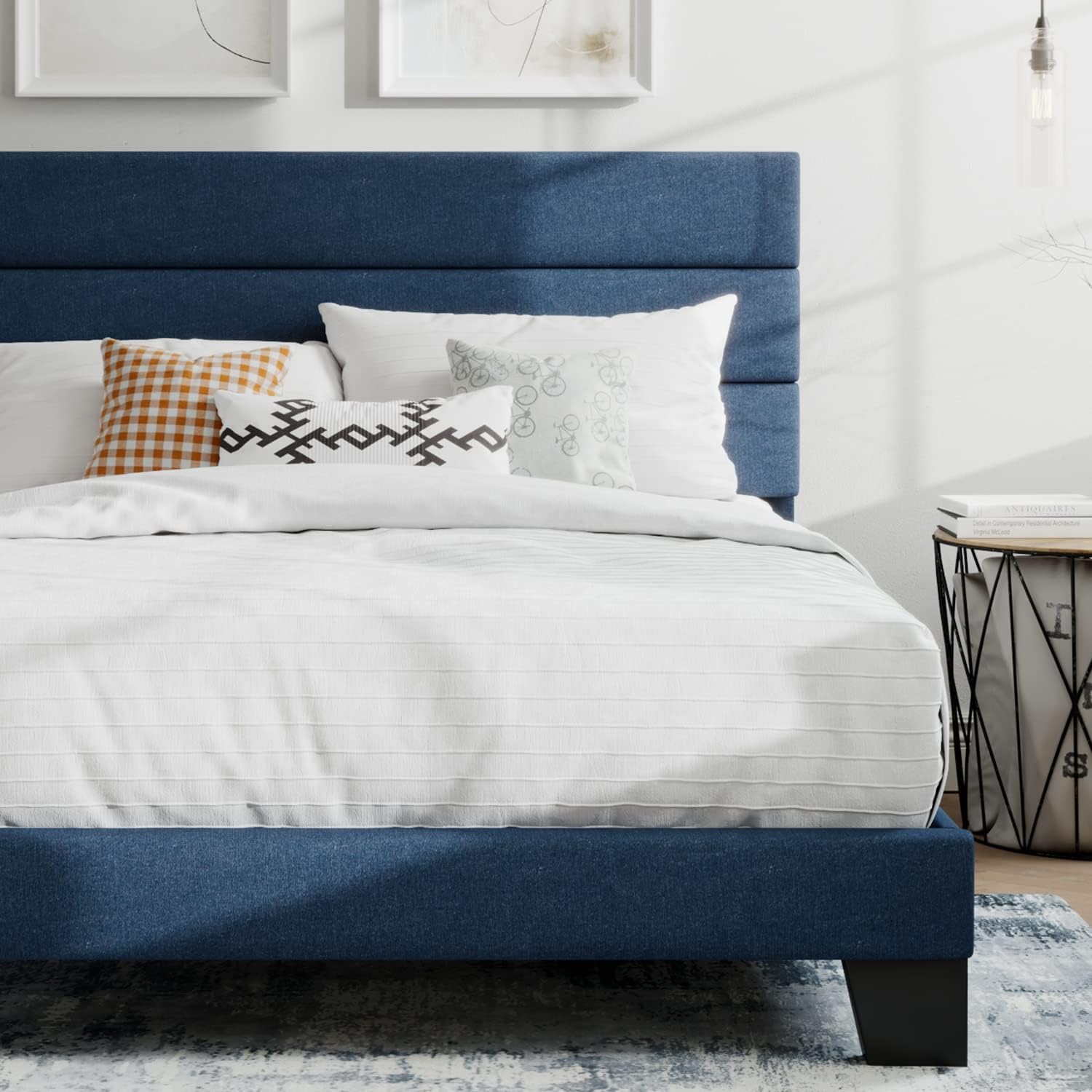 SHA CERLIN Full Platform Bed Frame with Upholstered Fabric Headboard, Grey