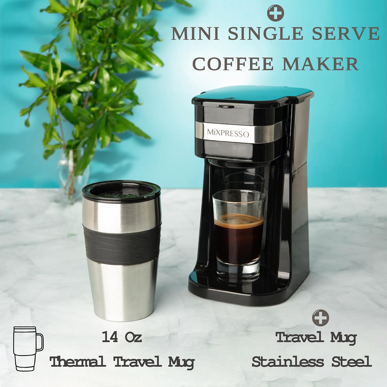Mixpresso Single Serve & Single Cup Coffee Maker with 14oz Travel Mug Black | For ground coffee only, reusable filter, auto shut off. Compact personal drip coffee maker, not compatible with K-Cup pods.