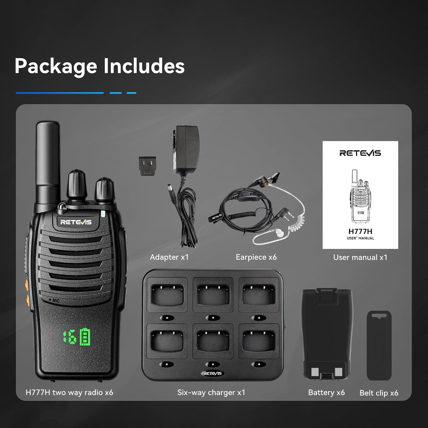 Retevis H777H Walkie Talkies with Earpeice,Portable FRS-Two Way Radio 6Pack | For Schools, Shatterproof Hidden Display, 6-Way Charger, USB-C, Emergency Alarm, Flashlight, with Stretchable Coiled Headset