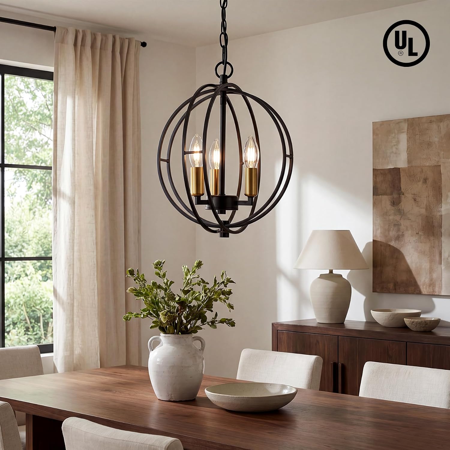 3-Light Farmhouse Chandelier, Black Industrial Metal Globe Pendant Light | Adjustable Hanging Height, for Kitchen Island, Dining Room, Foyer, Entryway