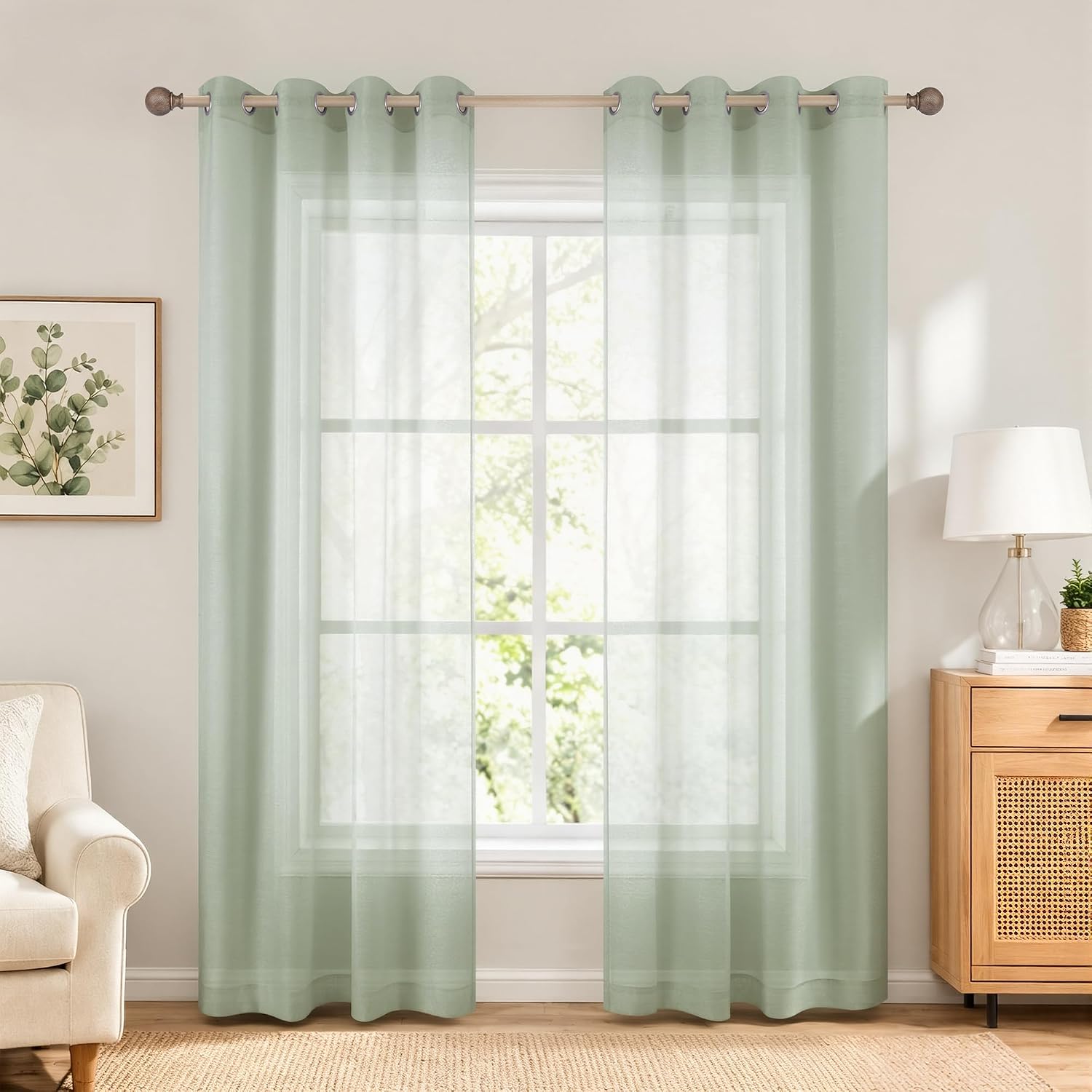 KOUFALL White Sheer Curtains 72 Inches Long for Bedroom Set of 2 Panels Grommet Faux Linen Window Voile Semi Baisc Decorative Sheer Curtains for