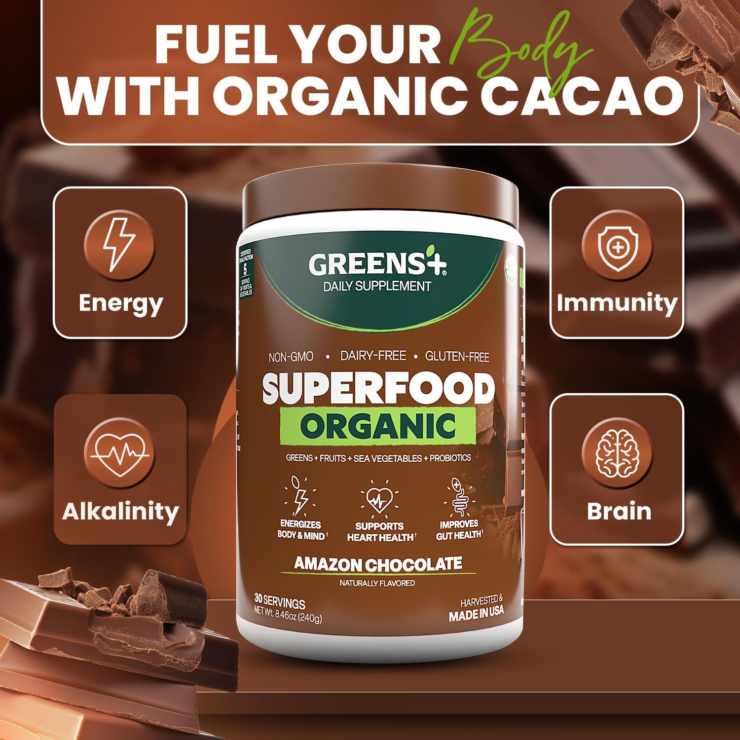 Greens+ Organic RAW Superfood Powder, Dietary Supplement | 8.46oz | Energy Boost | Super Blend Immune Support, Morning Kick, Nutrition Vibrant Health, Vegan, Soy Free | Dairy Free | Gluten Free