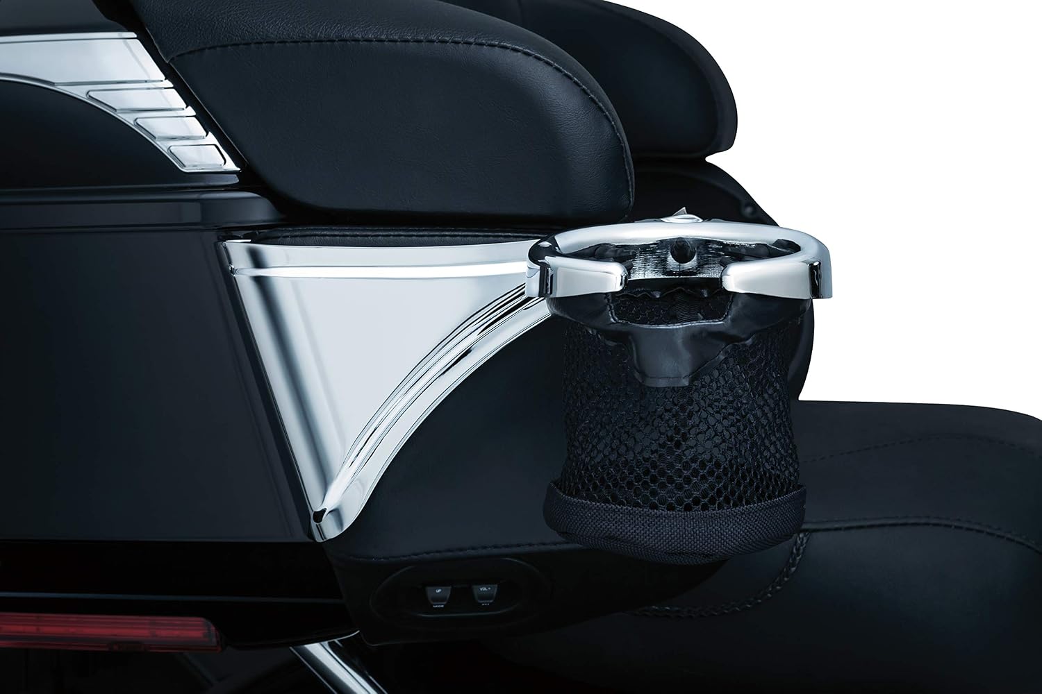 Kuryakyn 1482 Motorcycle Accessory: Passenger Drink/Cup Holder with Mesh Basket for 1998-2013 Harley-Davidson Motorcycles, Right Side, Chrome