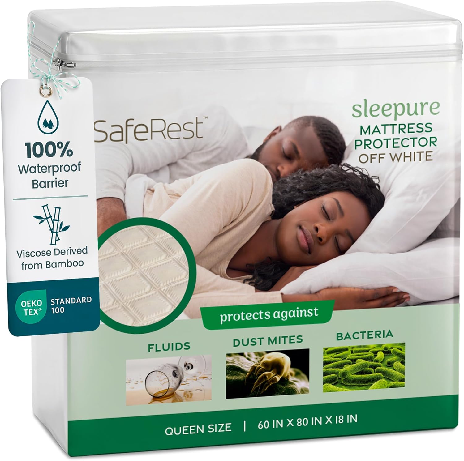 SafeRest Waterproof Queen Size Mattress Protector | Fitted with Stretchable Pockets, Machine Washable Cotton Blend Mattress Cover for Bed
