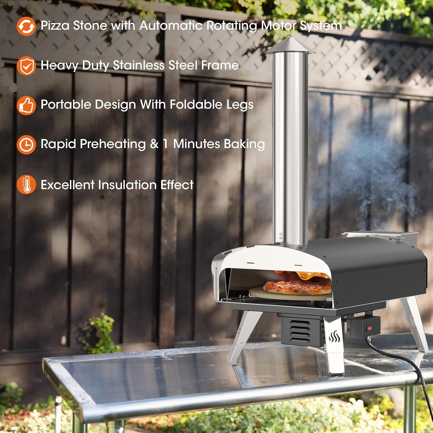 Mimiuo Auto-Rotating Wood Pellet Pizza Oven Outdoor 40Lbs, 60S Bake w/Stone