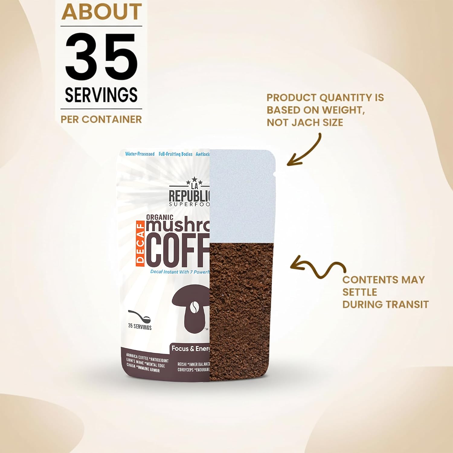 La Republica DECAF Organic Mushroom Coffee (35 Servings) with 7 Superfood Shrooms, Great Tasting Instant Mix Includes Lion's Mane, Reishi, Chaga, Cordyceps, Shiitake, Maitake, and Turkey Tail (Decaffeinated)