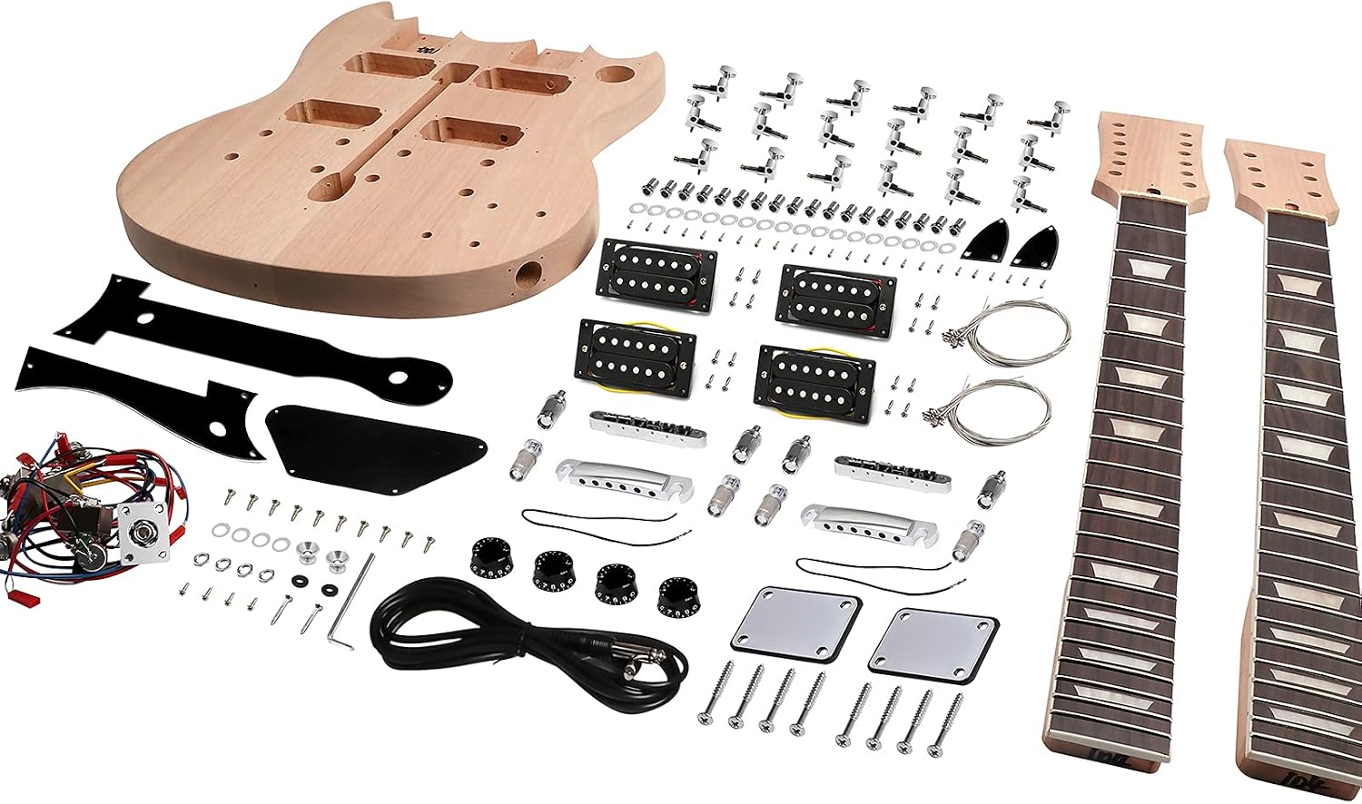 DIY Electric Guitar Kit Double Neck 12 String Beginner Guitar Kit | Mahogany Body, Mahogany Neck, Rosewood Fretboard, Right Handed, Chrome Hardware