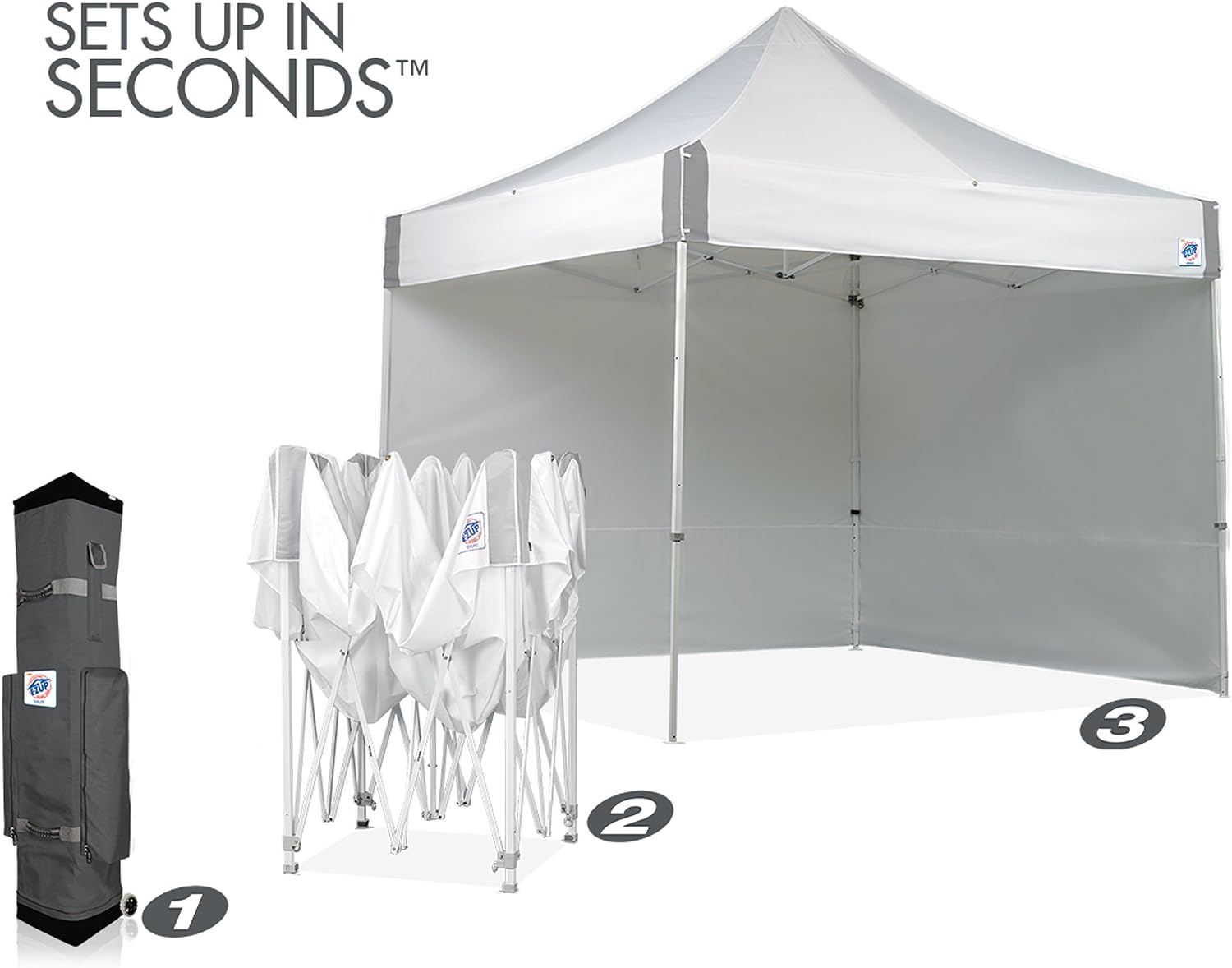 E-Z UP ES100S Instant Commercial Pop Up Canopy Tent, 10' x 10' with 3 Sidewalls, 1 Mid-Zip Sidewall and Wide-Trax Roller Bag, White