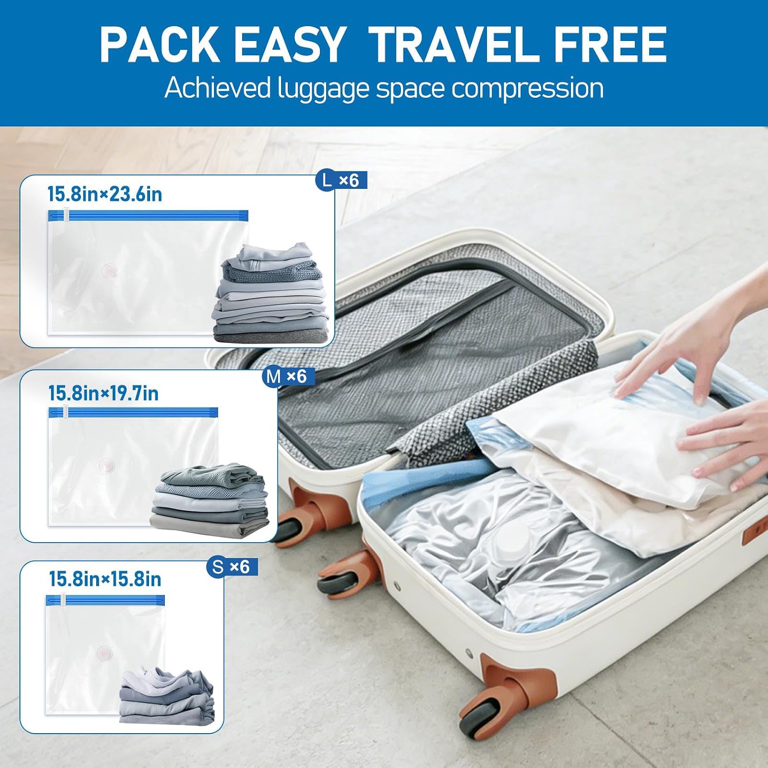 VMstr 15 Pack Travel Vacuum Storage Bags with USB Pump, Vacuum Packing Seal for Luggage and Suitcase, Space Saver for Clothes and Clothing Travel